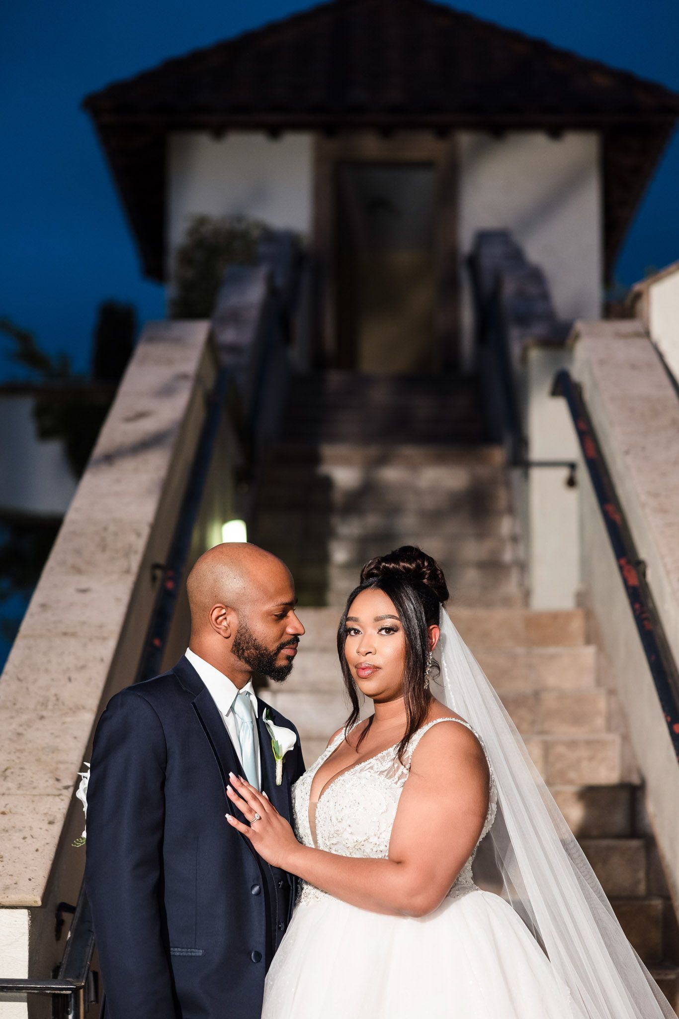 Wedding party portrait at blue hour, The Bell Tower on 34th staircase