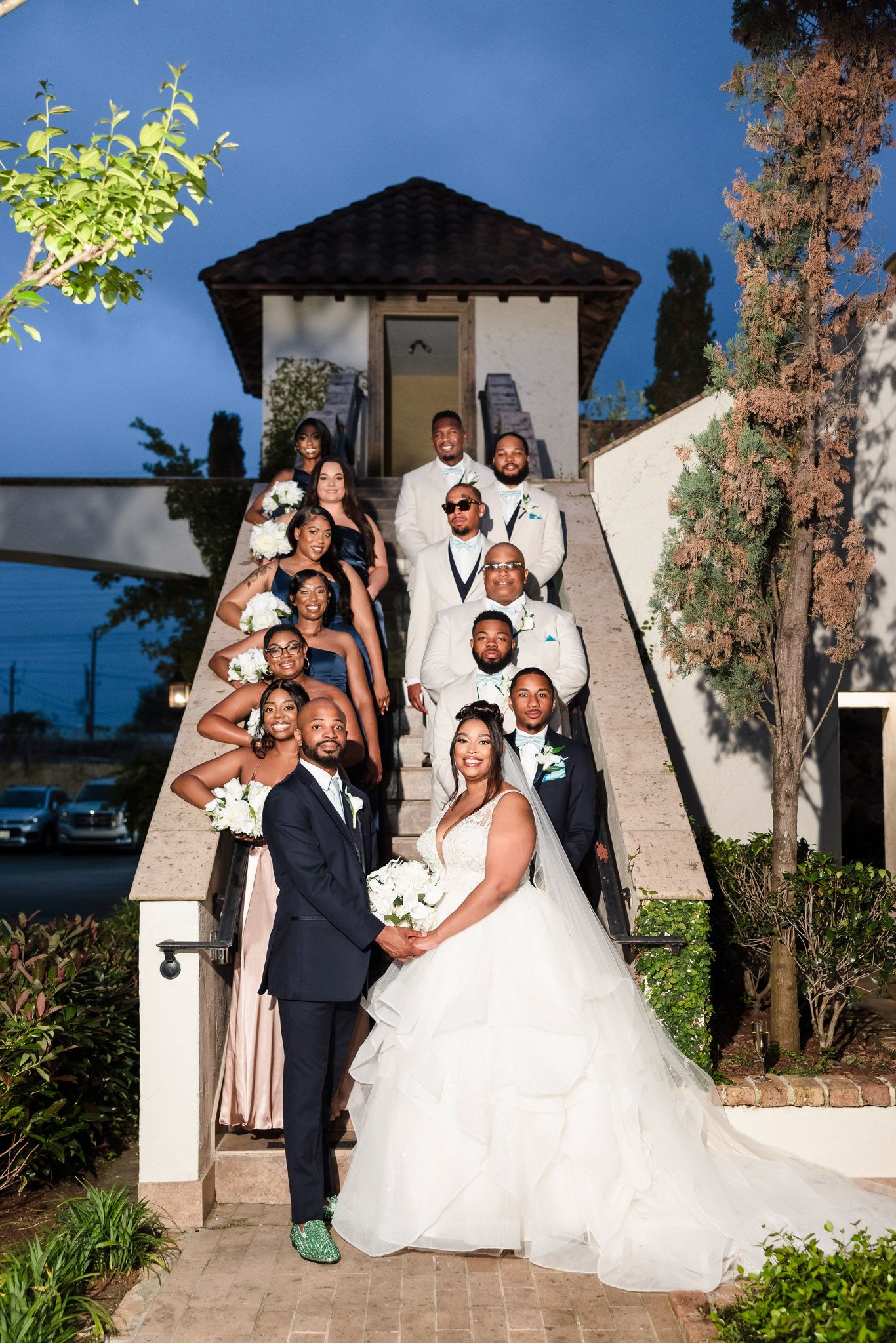 Wedding party portrait at blue hour, The Bell Tower on 34th staircase