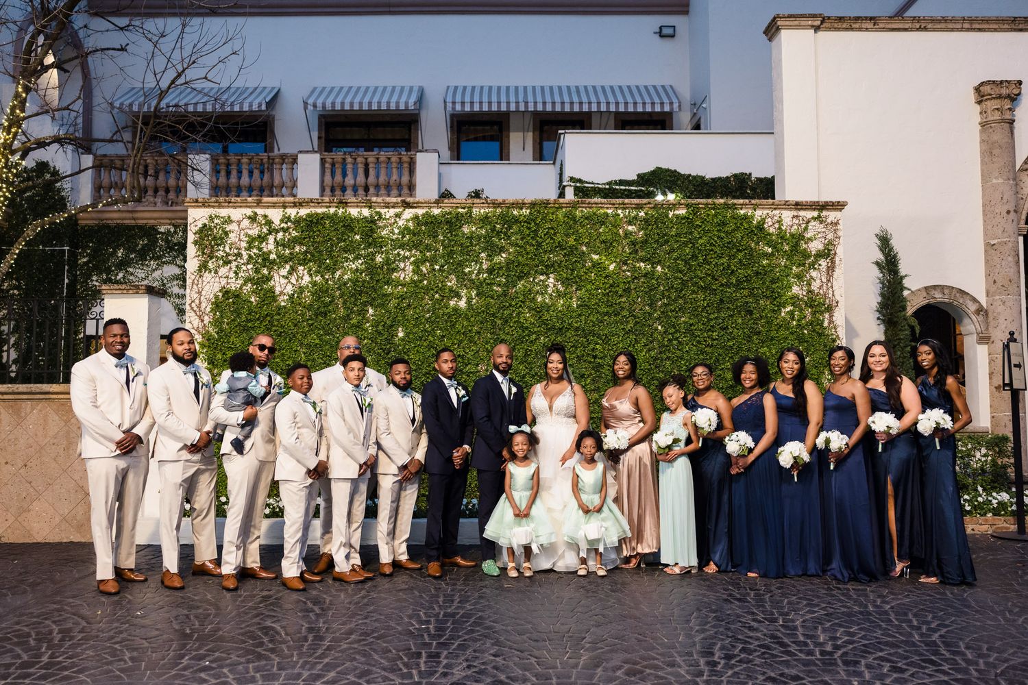Wedding party portrait at blue hour, The Bell Tower on 34th staircase