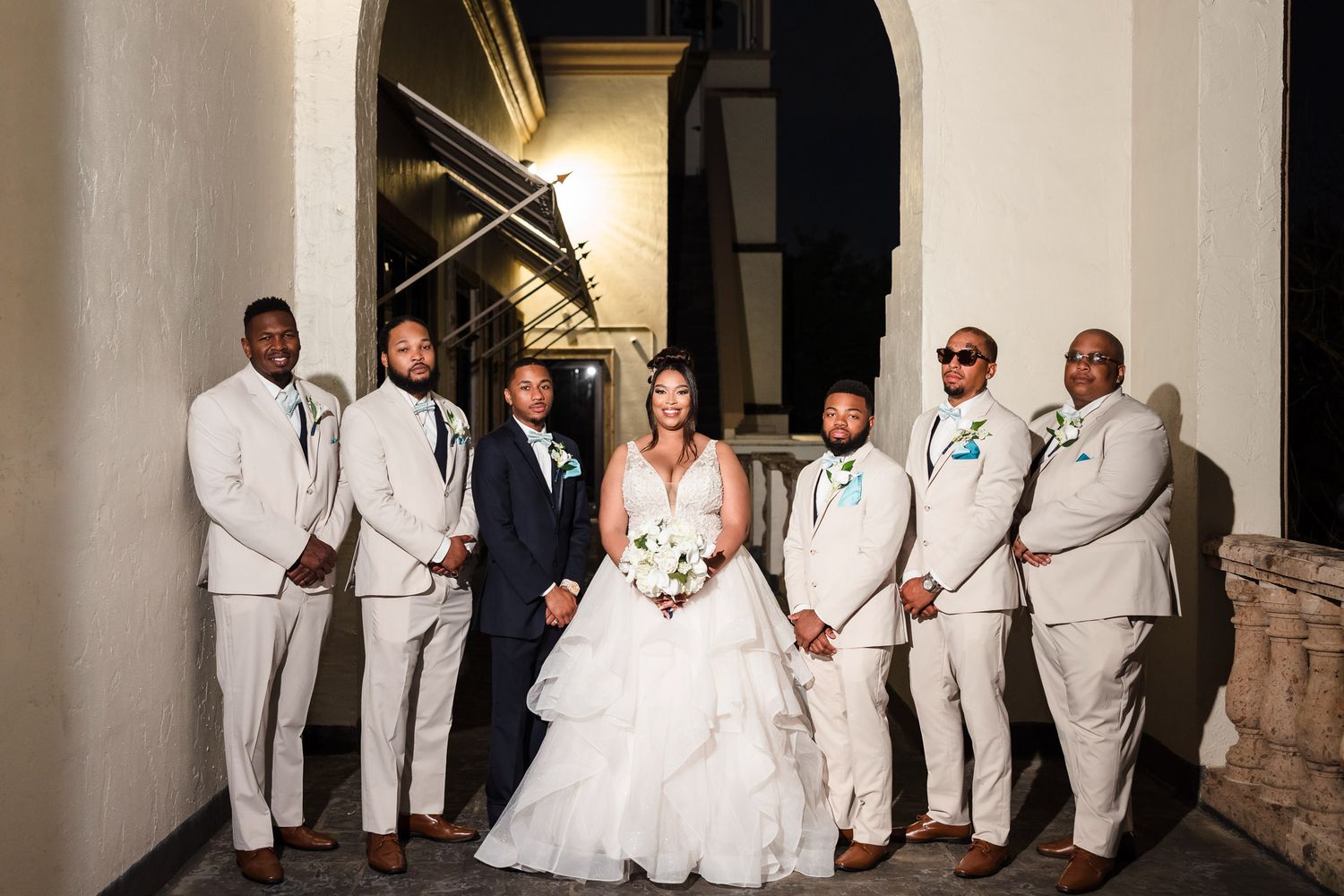 Wedding party portrait at blue hour, The Bell Tower on 34th staircase