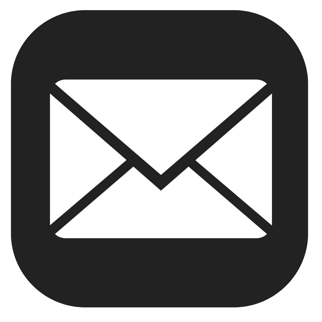 A white envelope icon in negative space against a black square background representing email for contact@yourlens.co.
