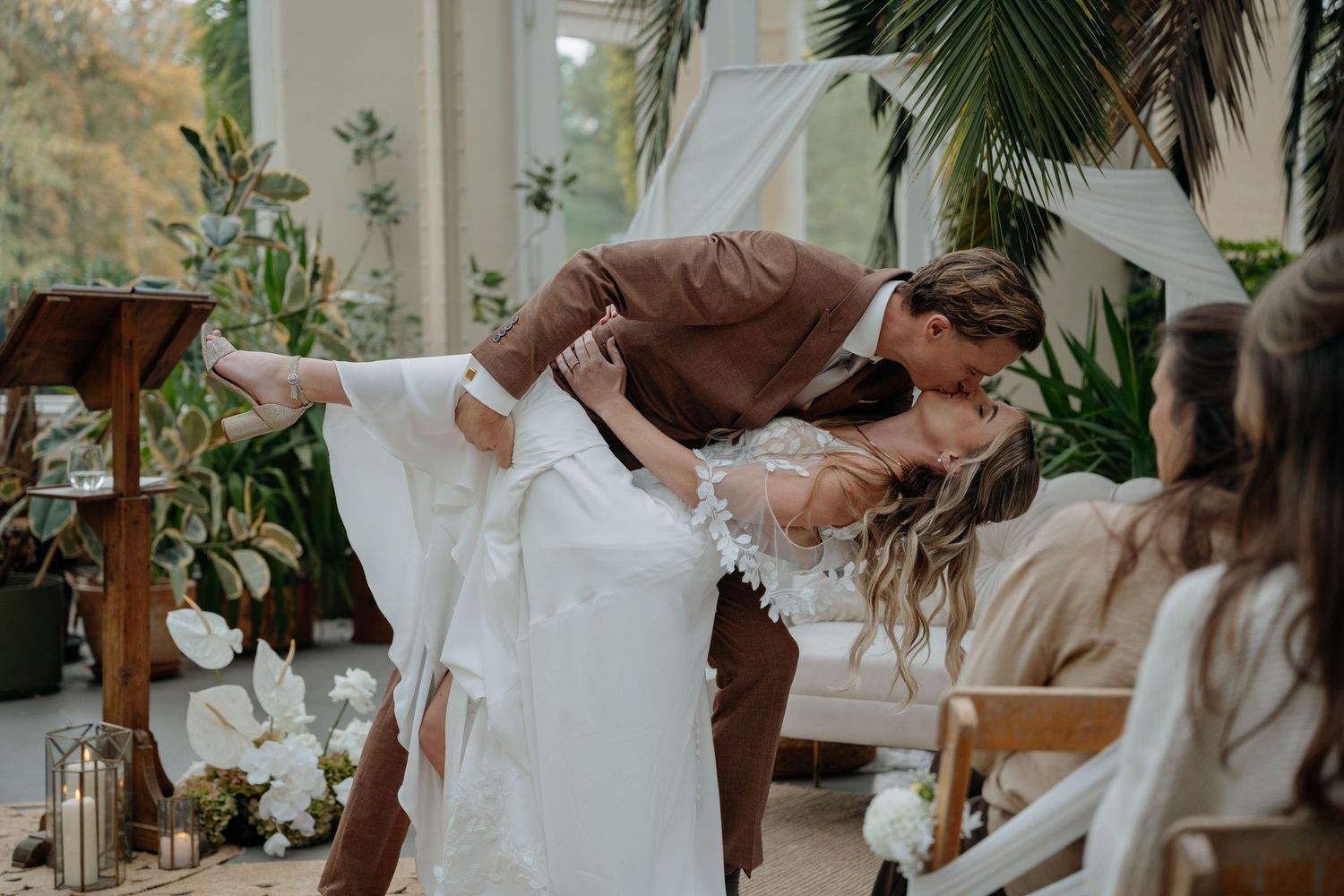 A collage of wedding ceremony moments showing couples exchanging rings and vows in a tropical garden setting.