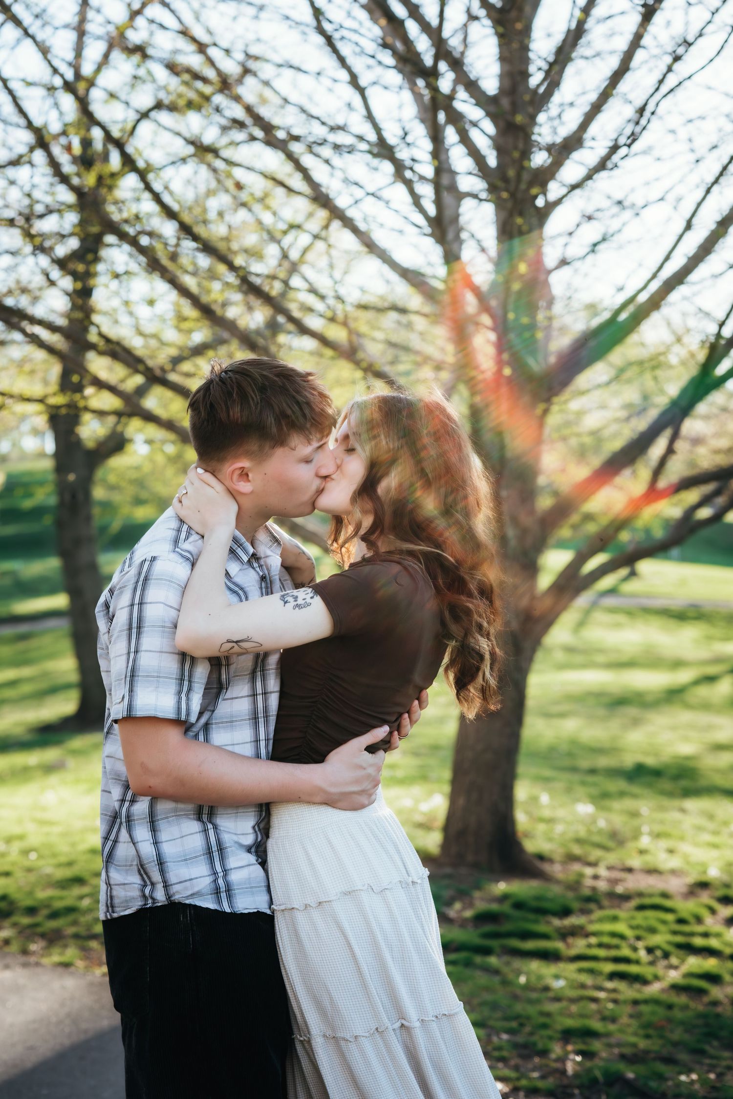 A couple shares a passionate kiss while embracing outdoors, backlit by golden sunlight through bare spring trees.