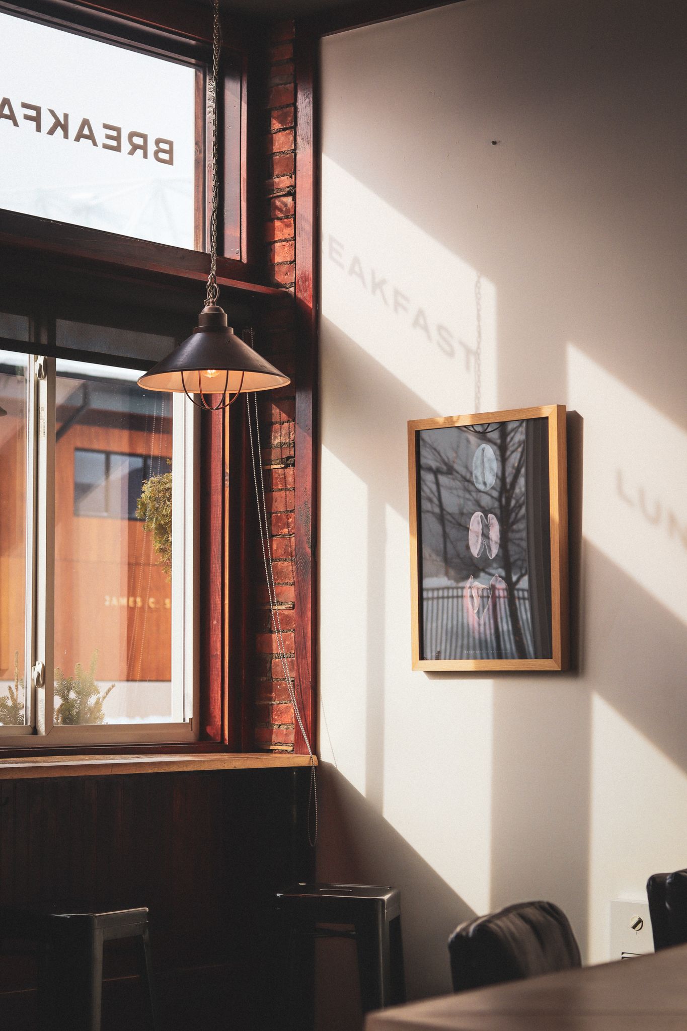 Sunlit cafe interior with pendant lamp, window, and framed artwork casting warm shadows.