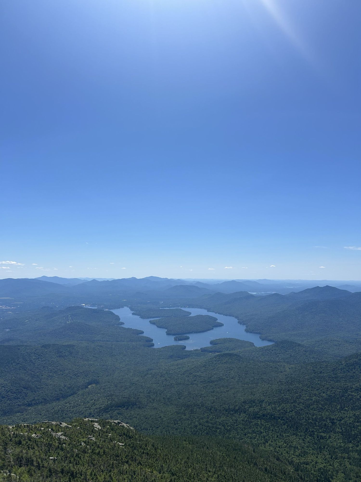 Aerial view of a winding lake surrounded by dense green forests and mountains under a clear blue sky.