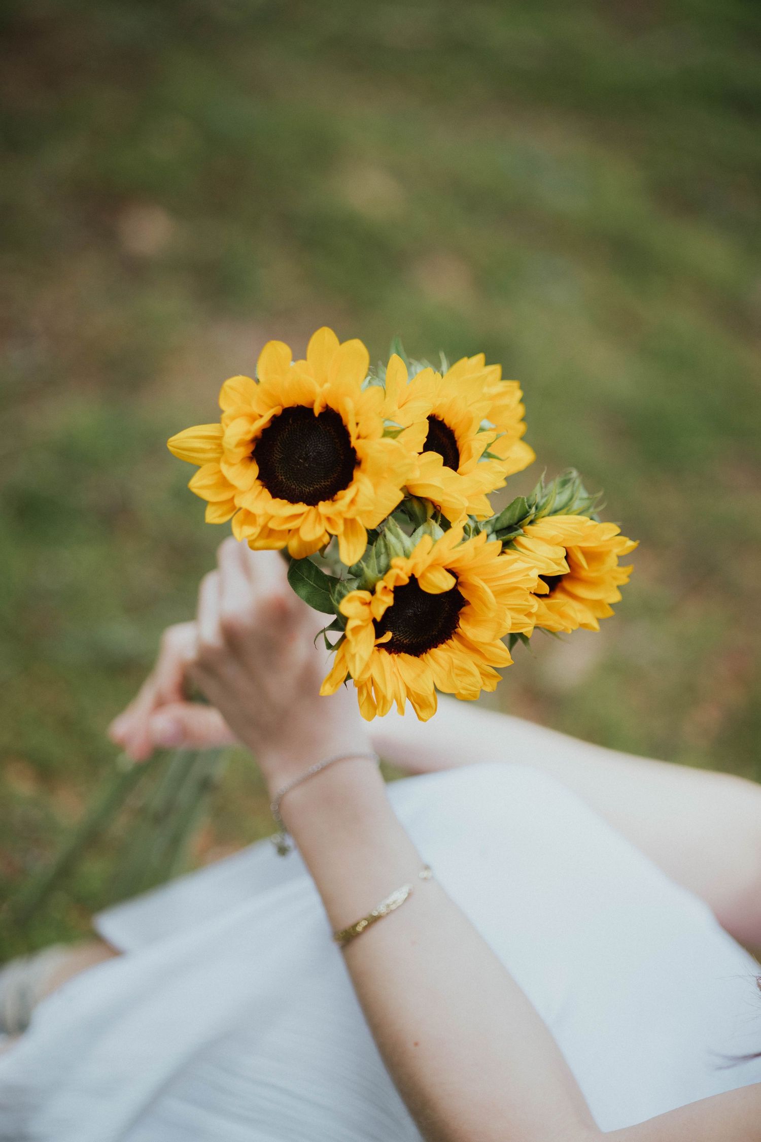 Person holding a bouquet of bright yellow sunflowers while sitting on green grass outdoors.