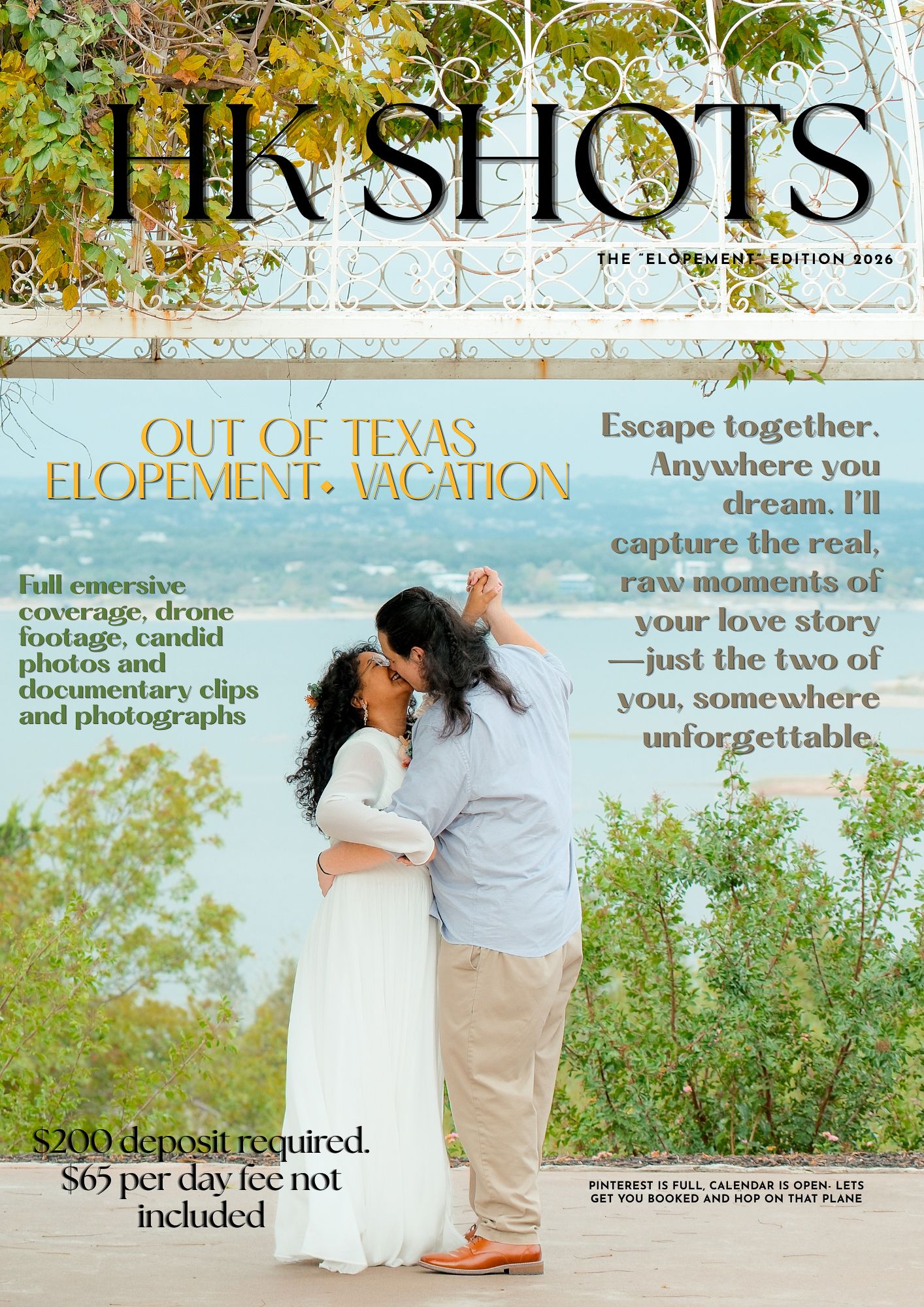 HK Shots elopement photography magazine cover featuring a couple kissing outdoors in Texas with drone and candid coverage.