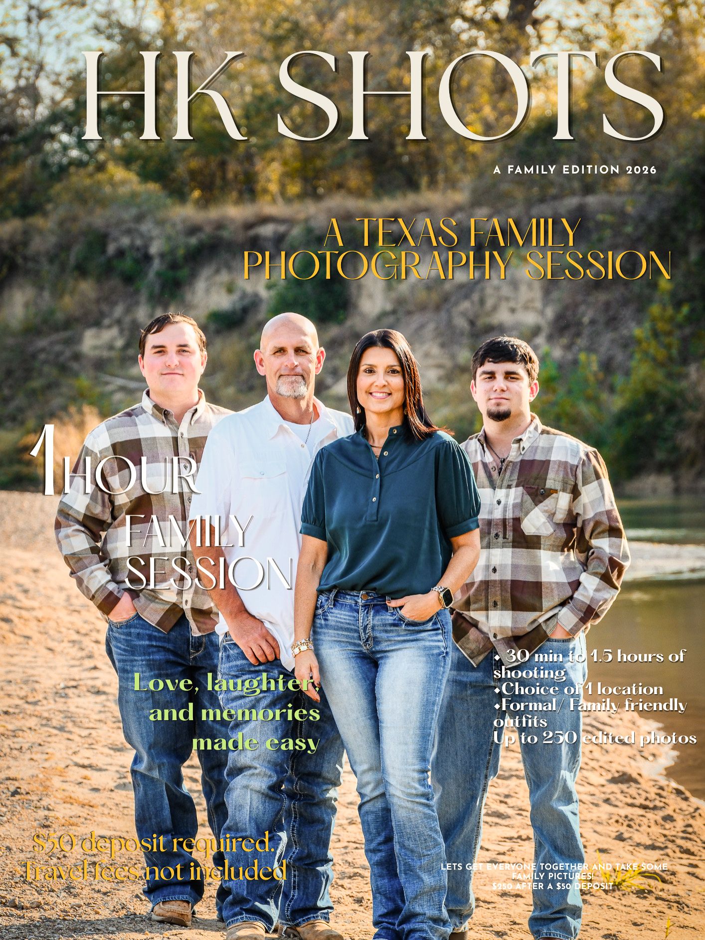 HK Shots family photography session magazine cover featuring a Texas family of four posing outdoors near a sandy riverbank.