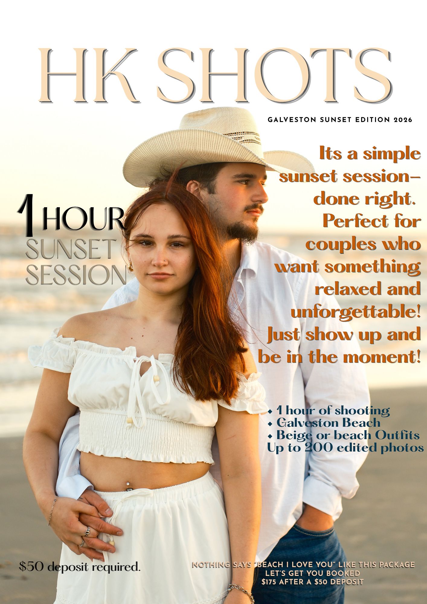HK Shots Galveston sunset couples session cover with couple in white outfits on beach.