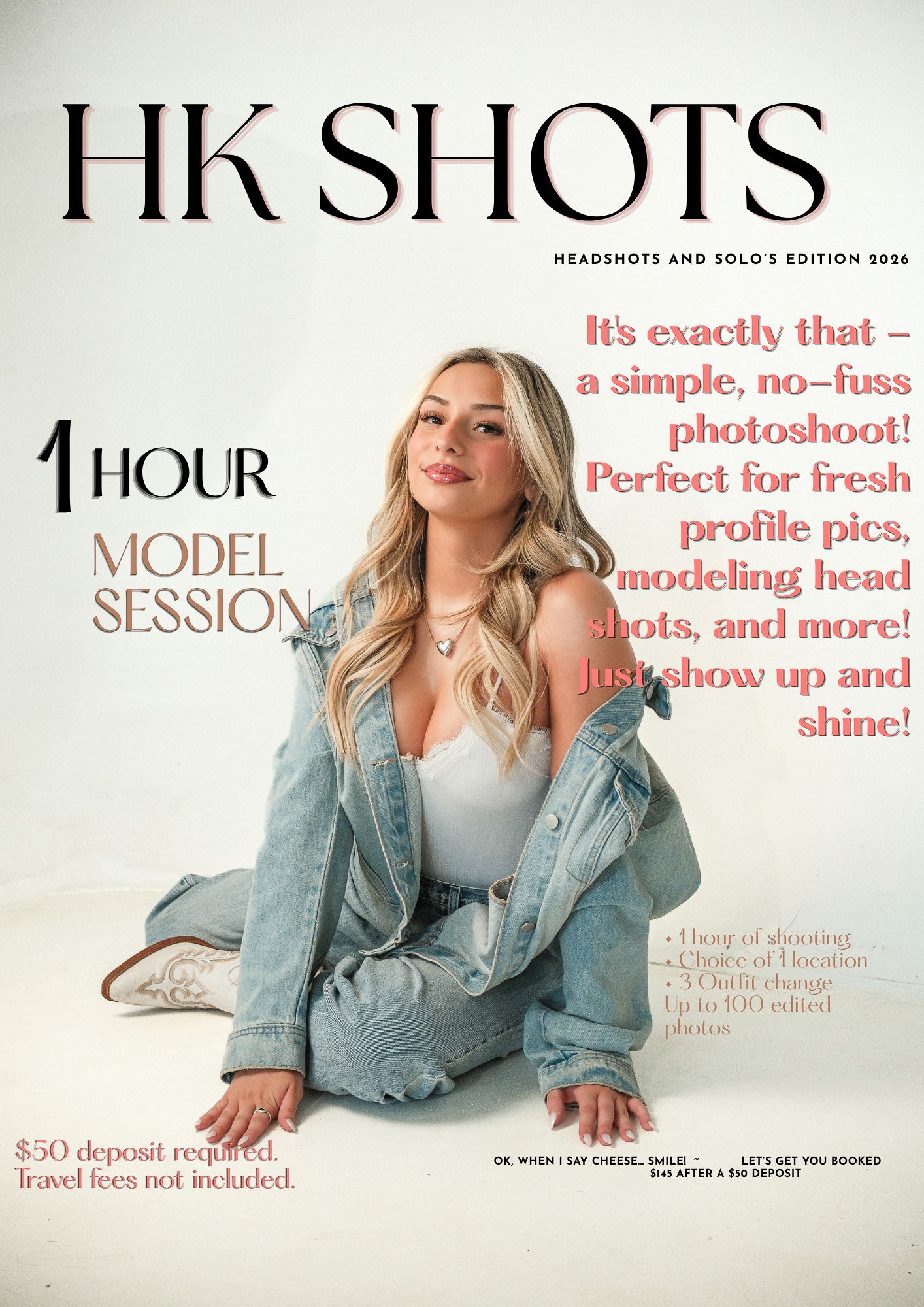 HK Shots headshots and solos edition magazine cover featuring a young blonde woman in a denim jacket posing confidently.