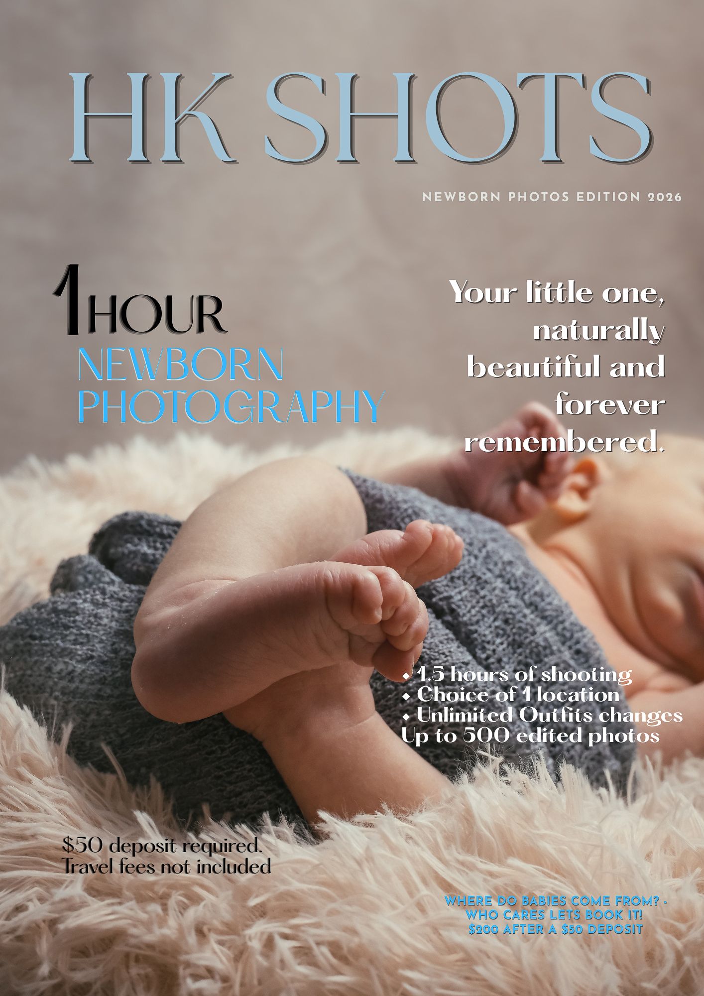 HK Shots newborn photography package cover featuring sleeping baby on soft fur blanket.