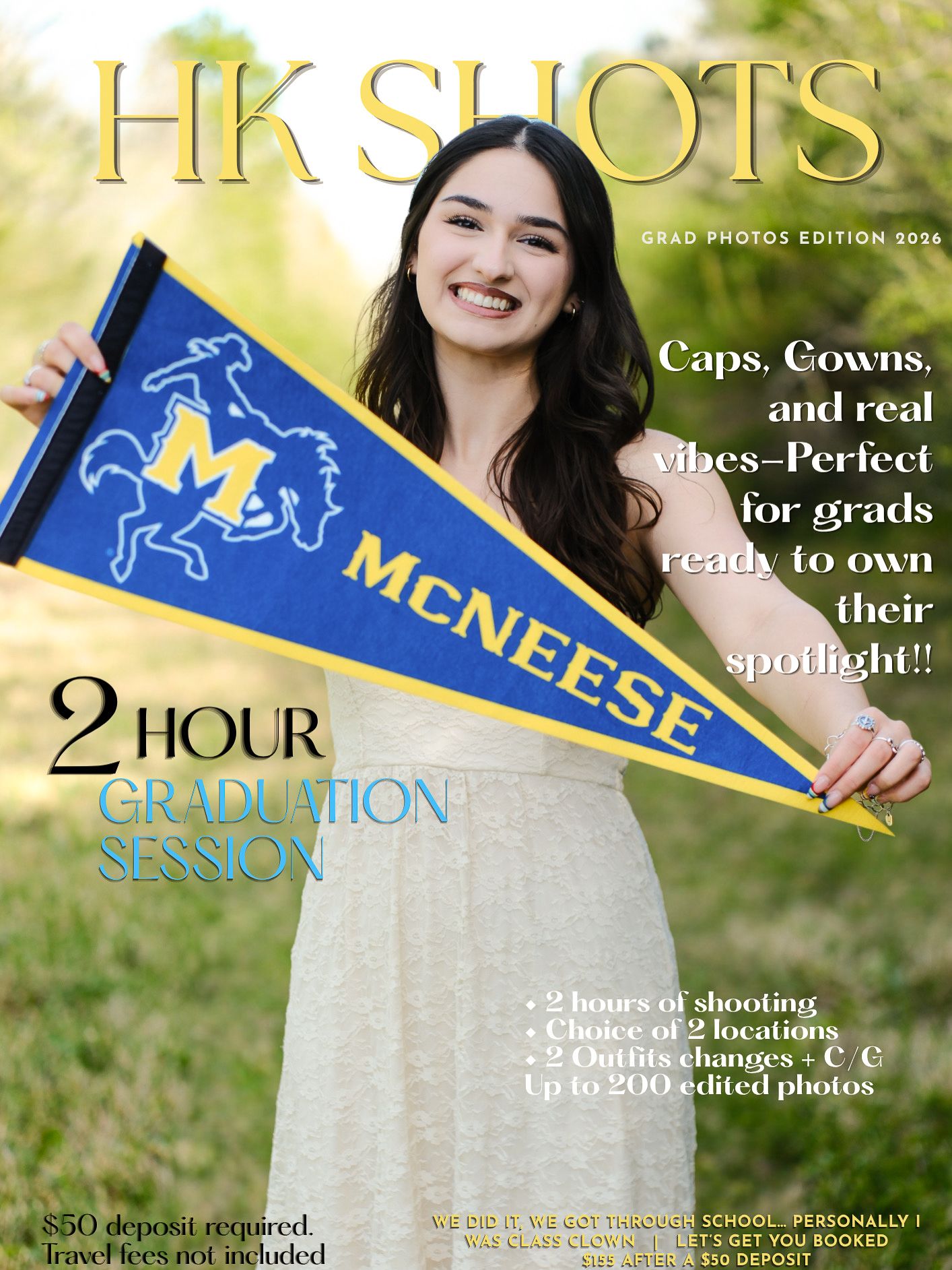 Young woman holding McNeese State University pennant poses for HK Shots 2-hour graduation photo session promotional magazine cover.