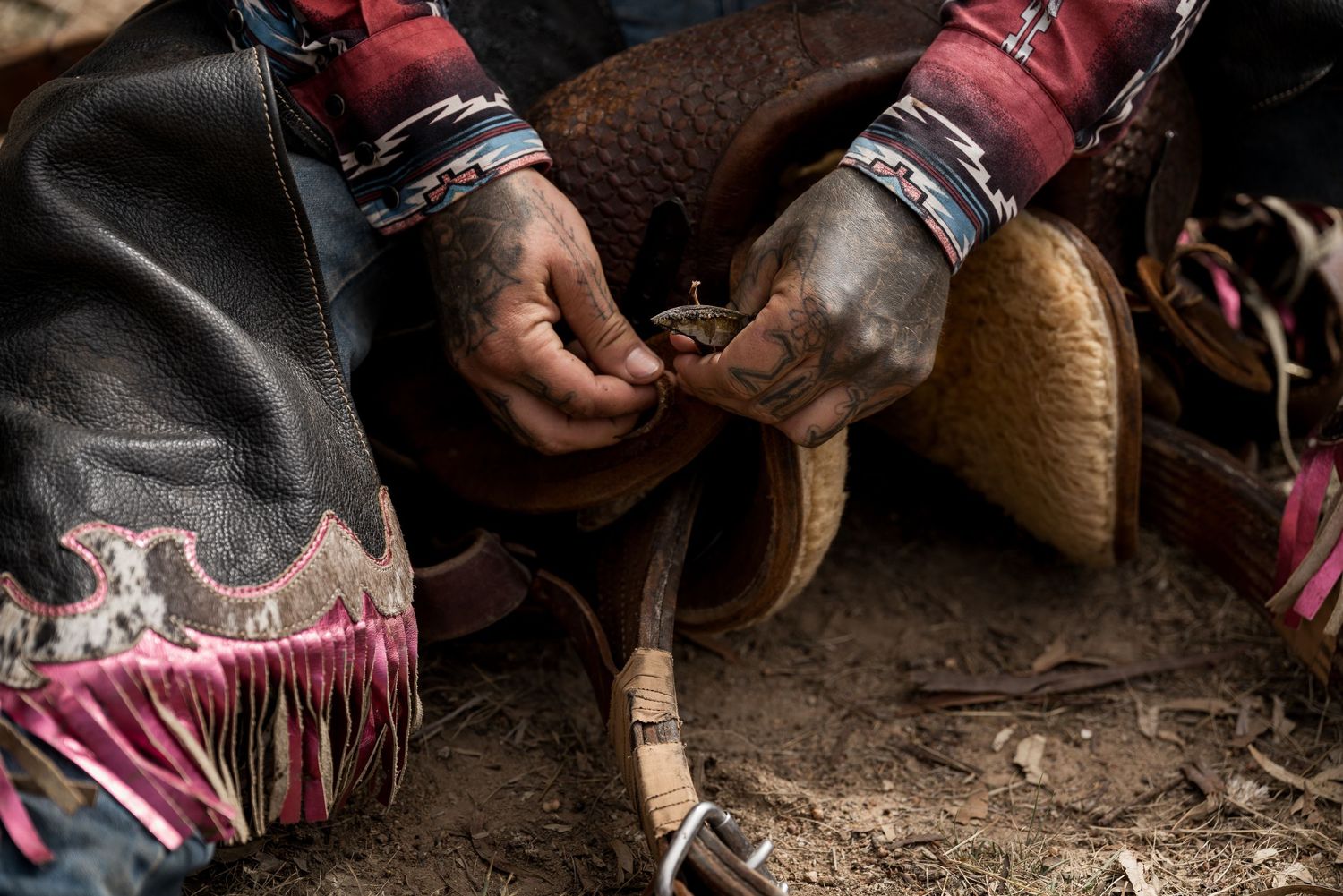 Close-up of weathered cowboy hands adjusting a leather saddle cinch at a rodeo event.
