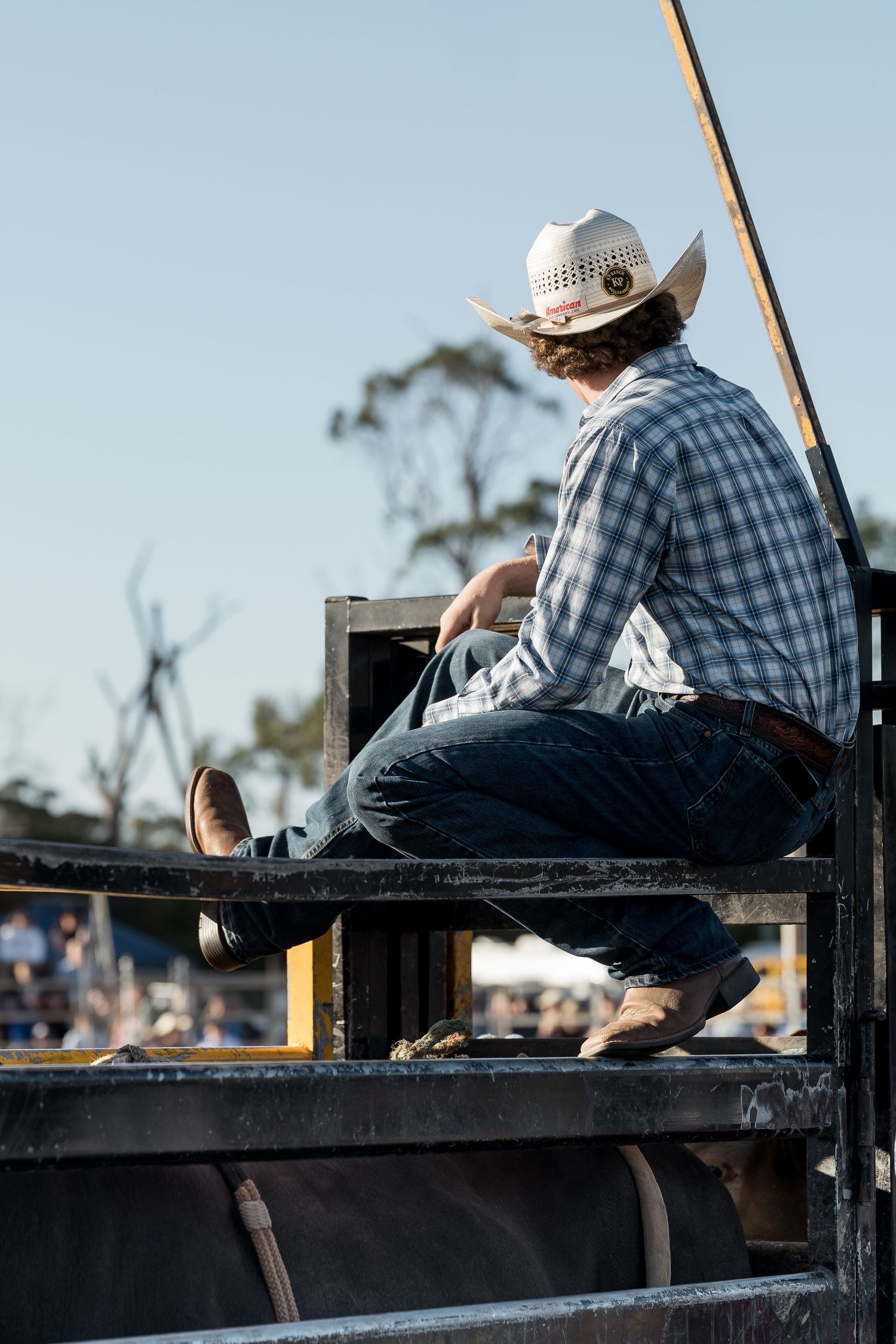 A cowboy in a plaid shirt and white hat sits on a fence at a rodeo event.