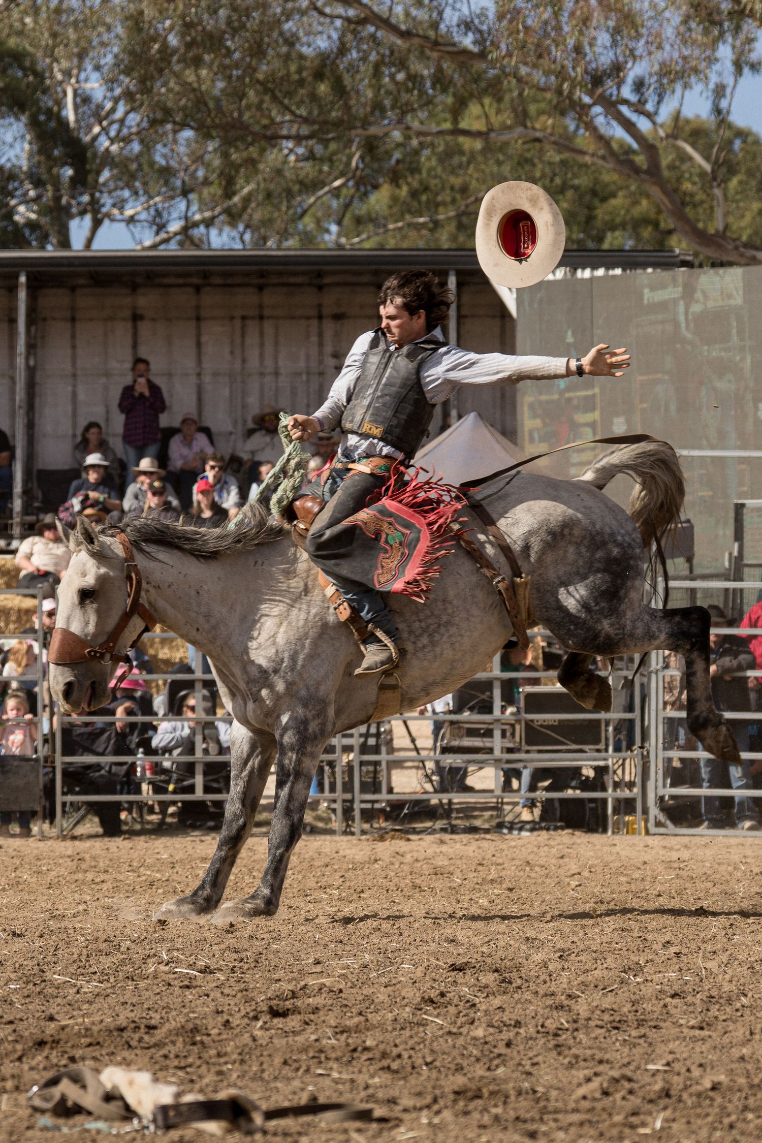 Cowboy riding a bucking grey horse at a rodeo, hat flying off, with crowd watching in background.