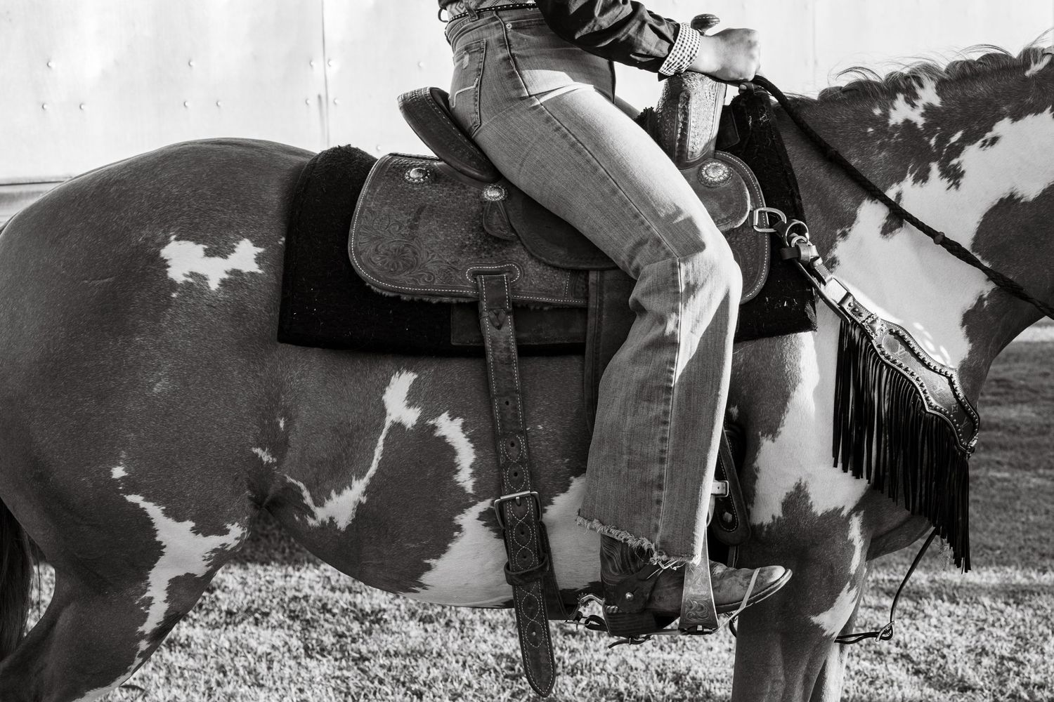 Black and white photo of a rider in jeans on a paint horse with Western saddle and fringe bridle.