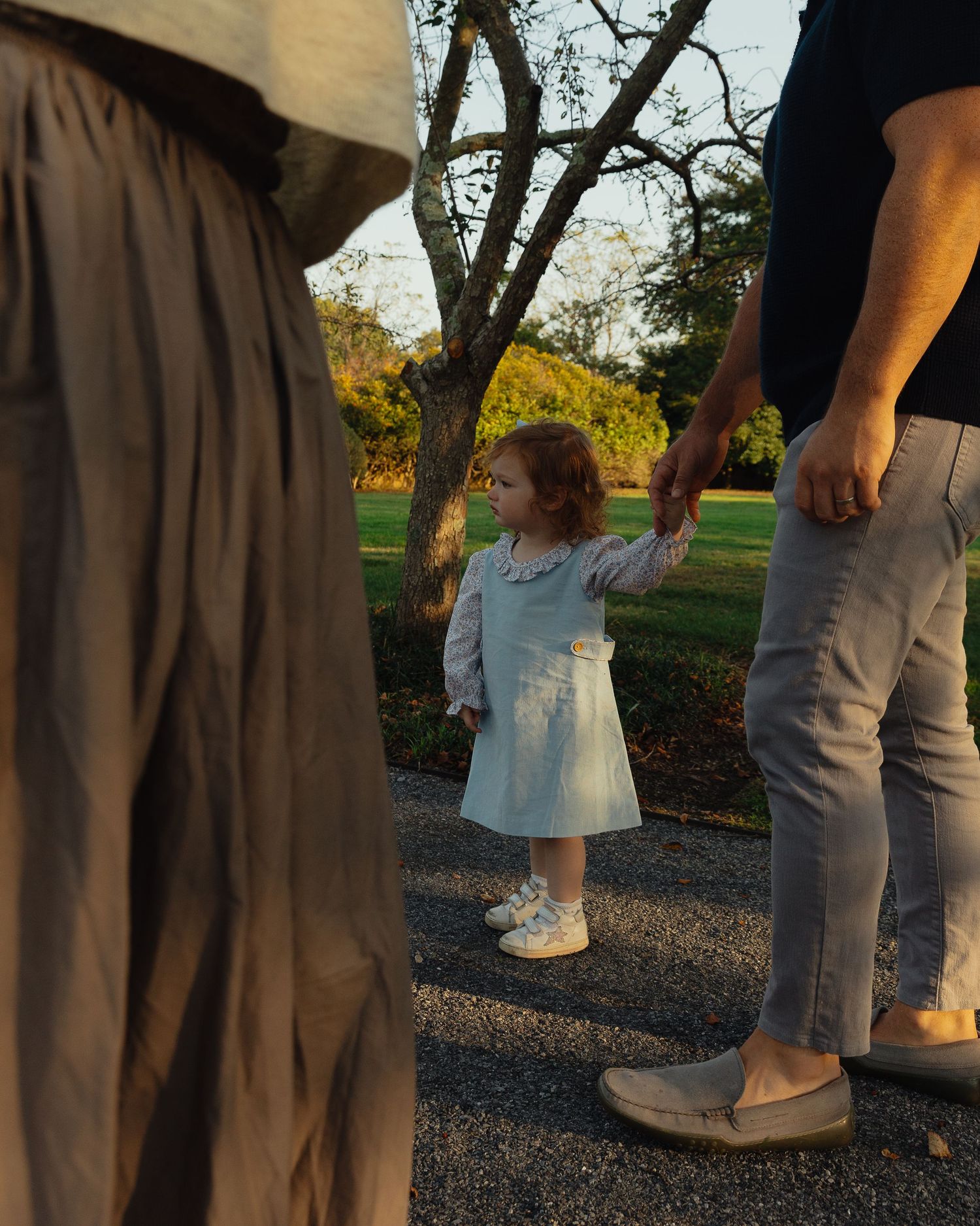A toddler girl in a white dress holds hands with adults in a sunlit park during golden hour.