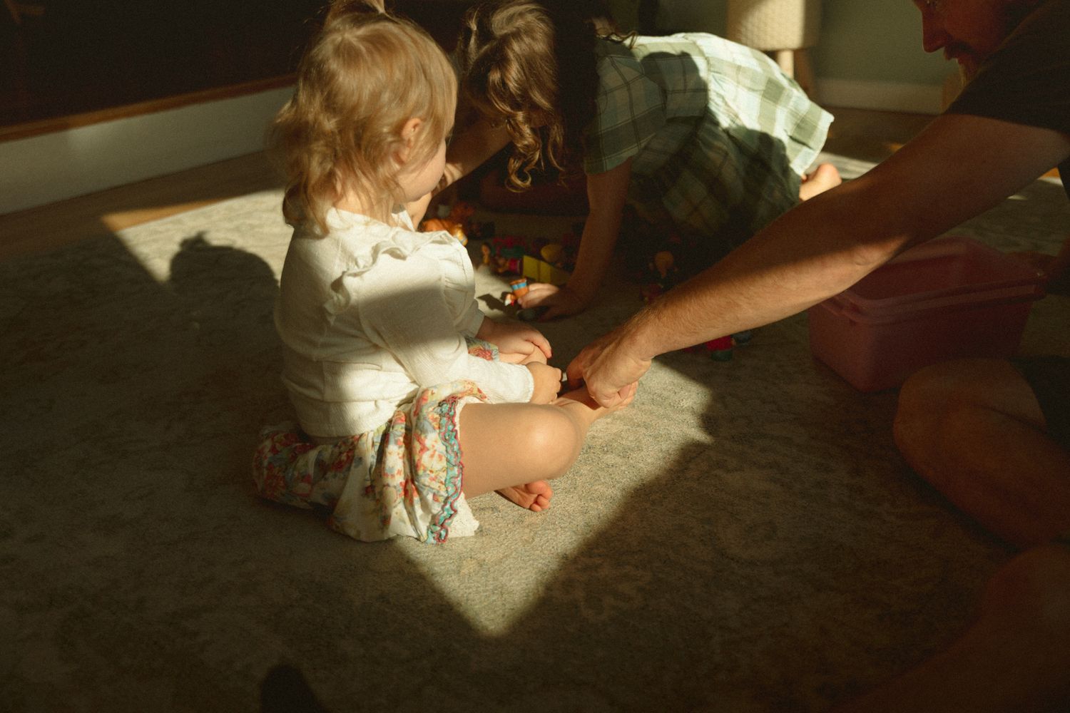 Sunlight streaming through windows creating dramatic shadows on carpet.