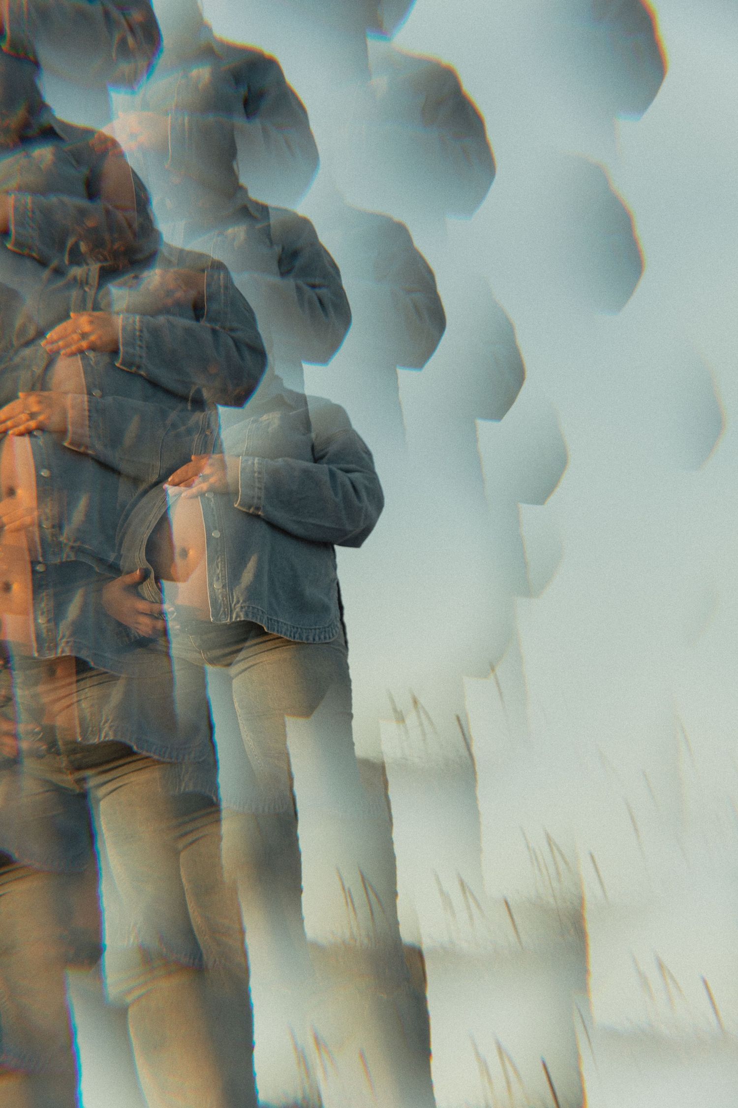Abstract multiple exposure photo of a man in a denim jacket, creating a surreal layered effect.