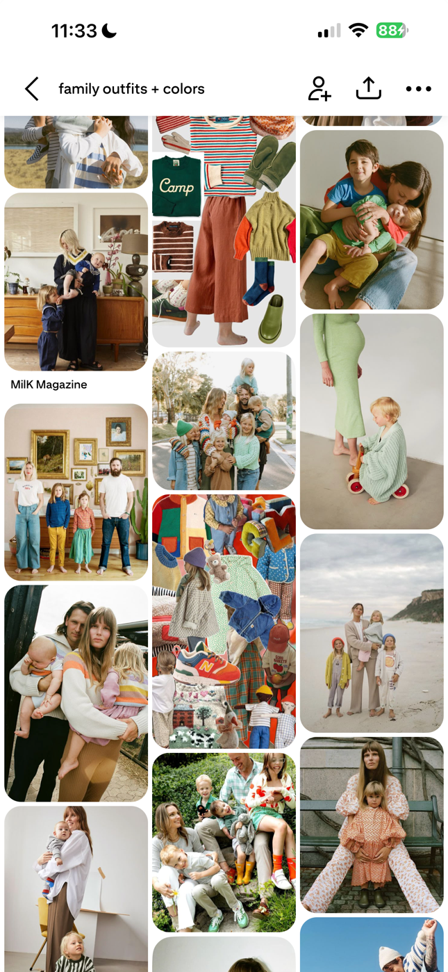 Pinterest board showing colorful coordinated family outfit inspiration with parents and children in matching earthy tones.