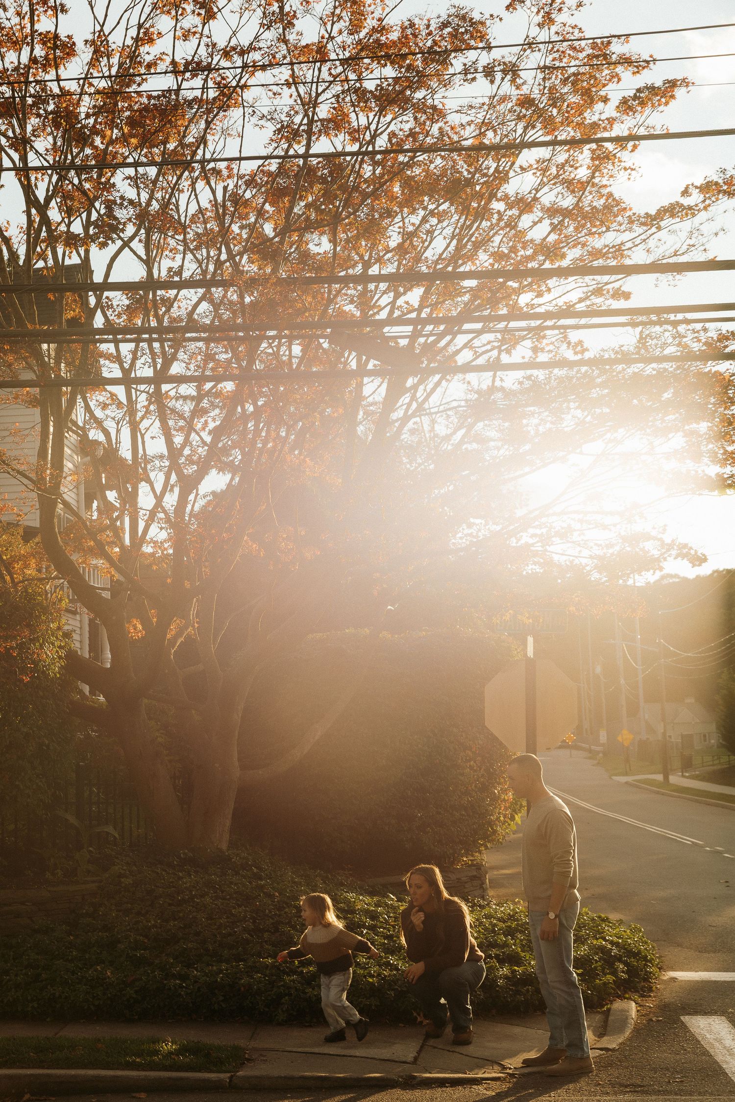 Family playing outdoors in golden autumn sunlight on a suburban street, surrounded by fall foliage and warm lens flare.