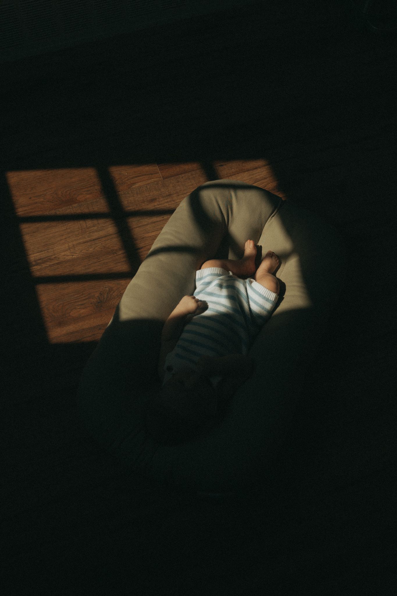 Dramatic shadows cast across wooden floor in dark moody interior setting.