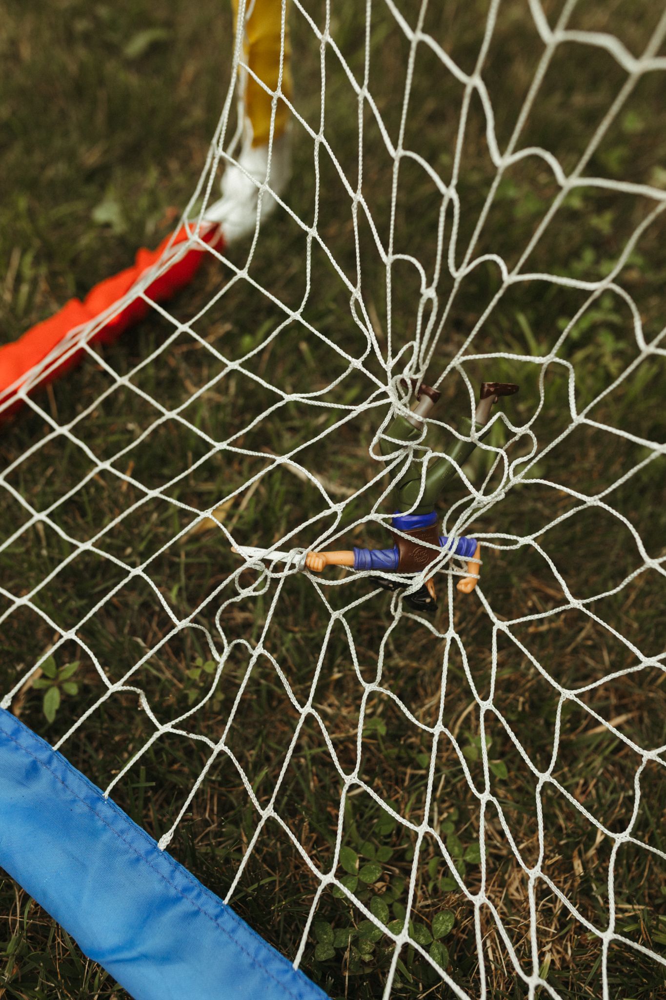 White string net pattern against grass with blue and red accents.