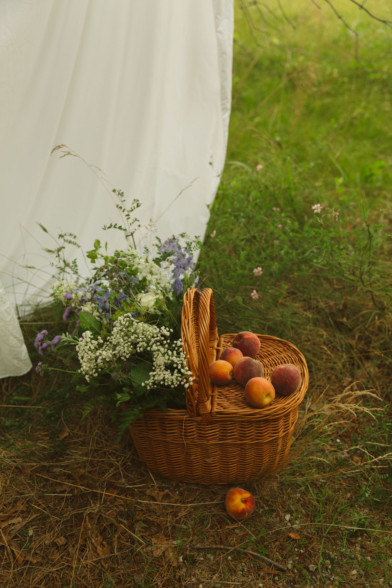 Wicker picnic basket filled with fresh peaches and wildflowers on grass beside a white fabric backdrop outdoors.