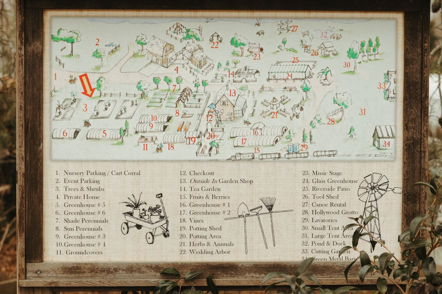 Hand-drawn map and legend displayed on weathered wooden wall.