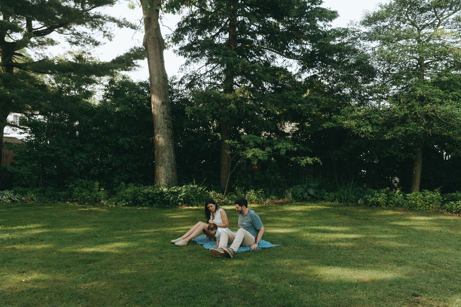 Two people sitting on a blanket in a lush green park surrounded by tall trees on a sunny day.