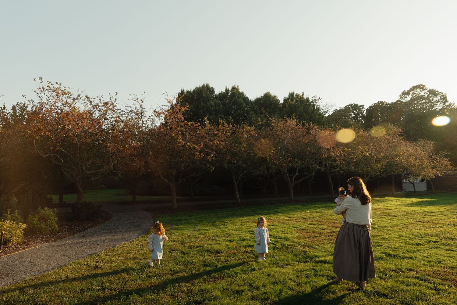 A mother photographs two young children playing on green grass in a sunlit orchard during golden hour.