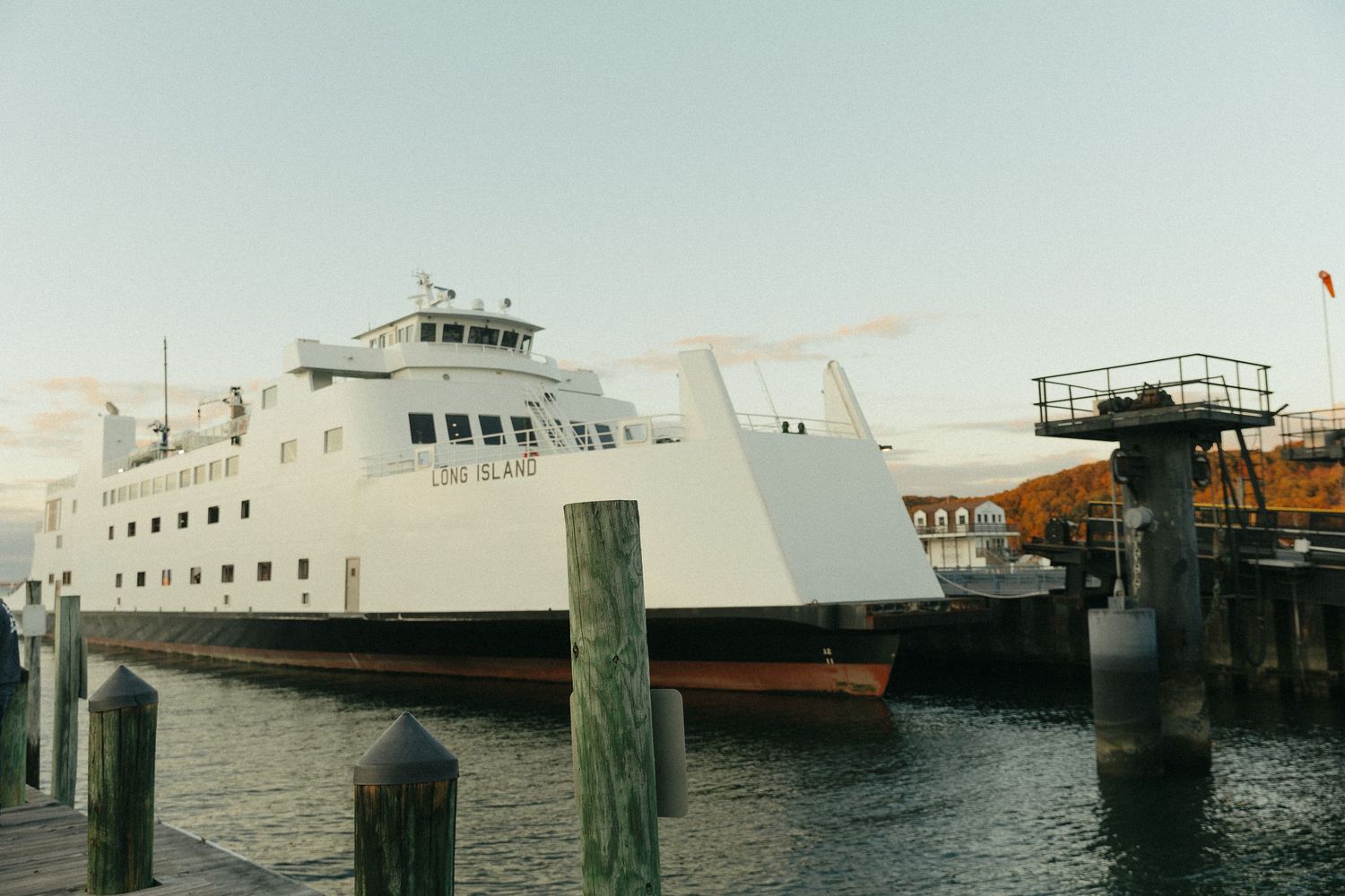 A large white passenger ferry docked at a pier on calm waters.