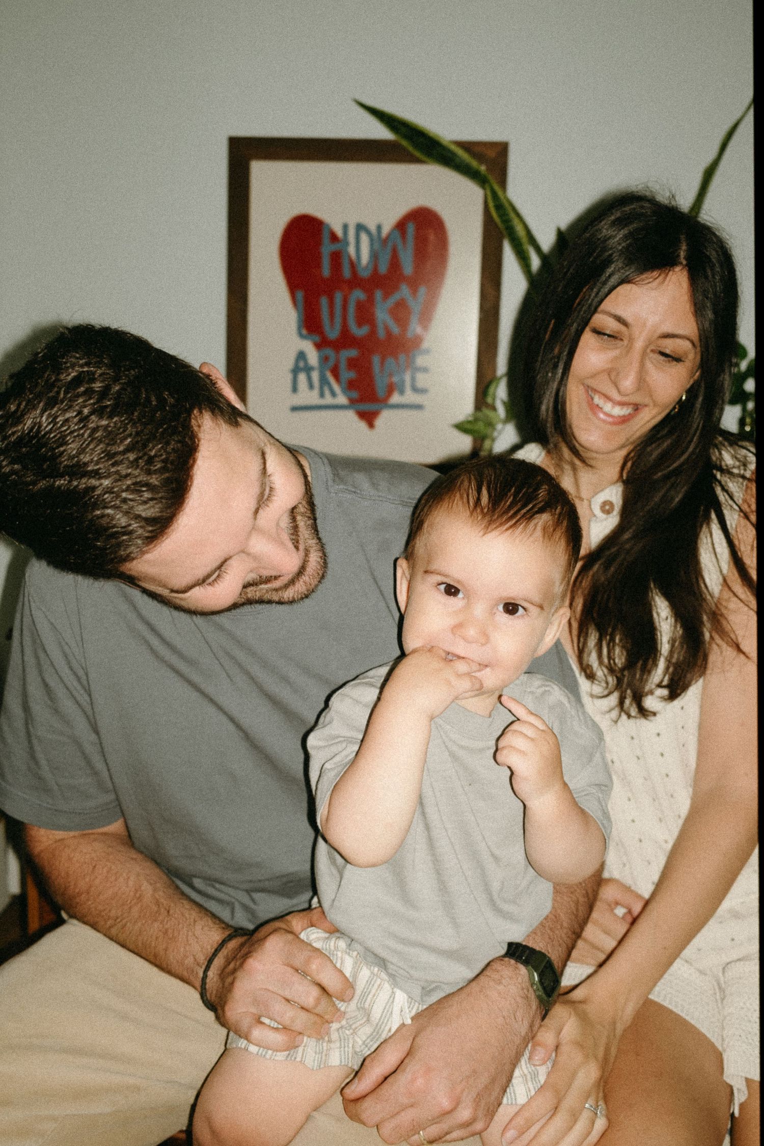 A series of candid family moments captured in warm indoor lighting.