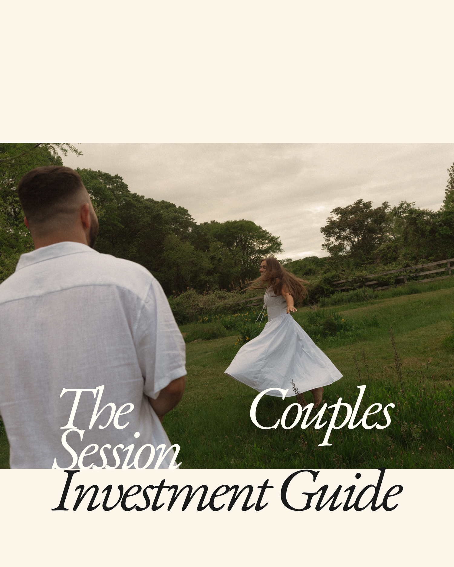A couple in white outfits walks through a lush green field, overlaid with text reading The Couples Session Investment Guide.