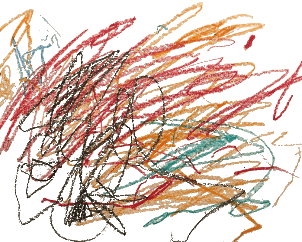 Colorful crayon scribbles in red, orange, teal, and brown on white paper, abstract child artwork.
