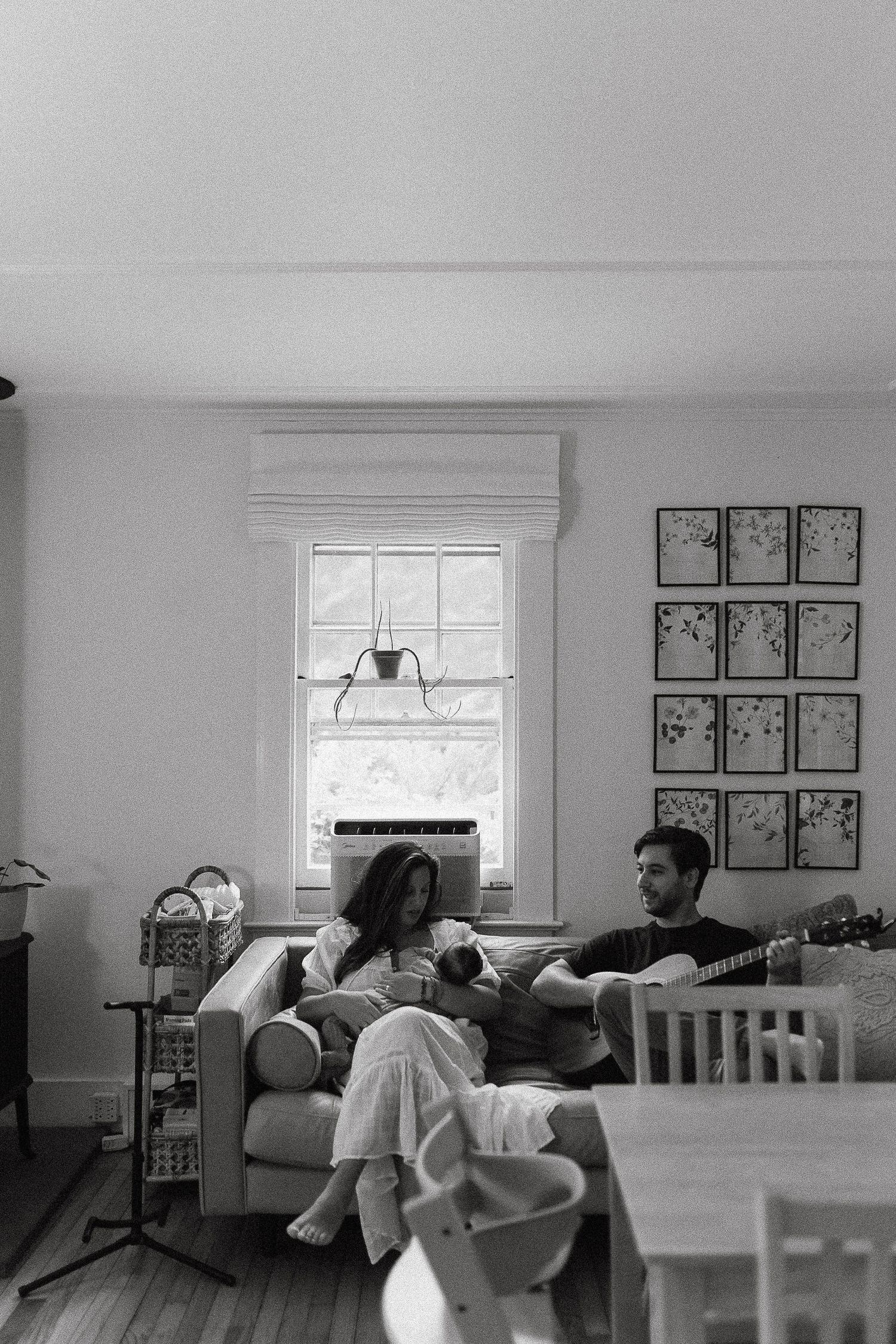 Black and white photo series showing intimate moments in a bedroom with soft window light.