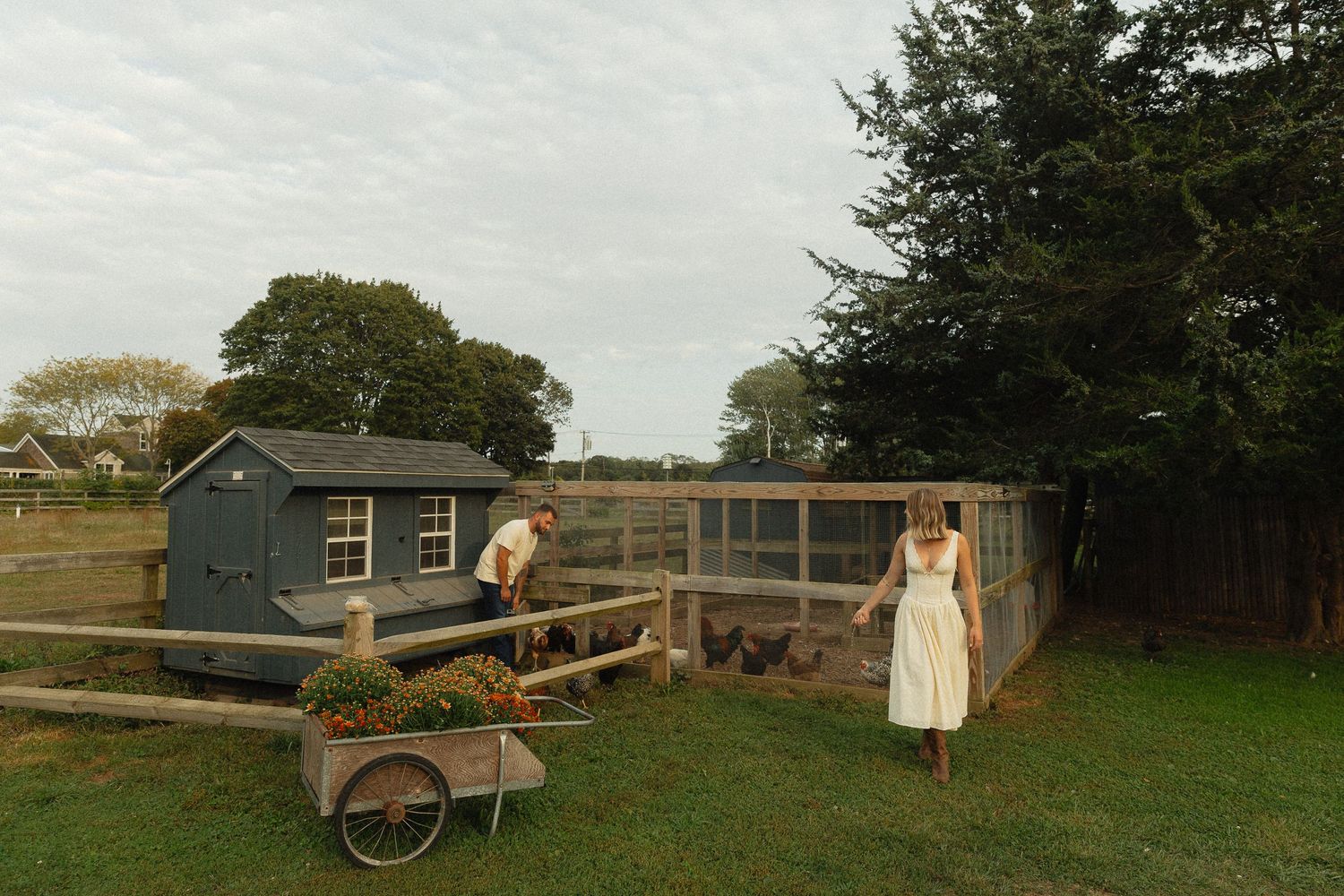 Woman in white dress standing near chicken coop on rustic farm with man working nearby.