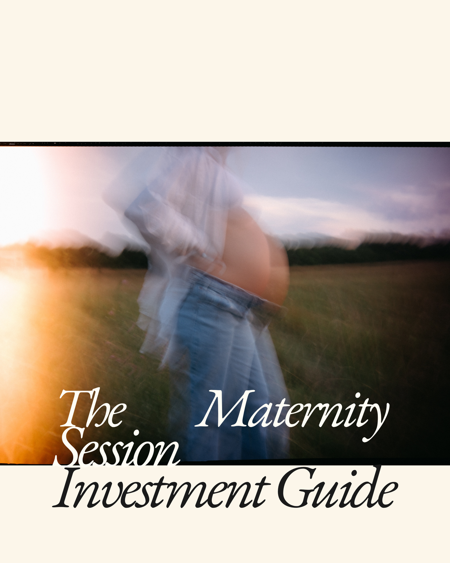 A blurred maternity photo guide cover showing a pregnant woman in a sunlit field with flowing fabric.