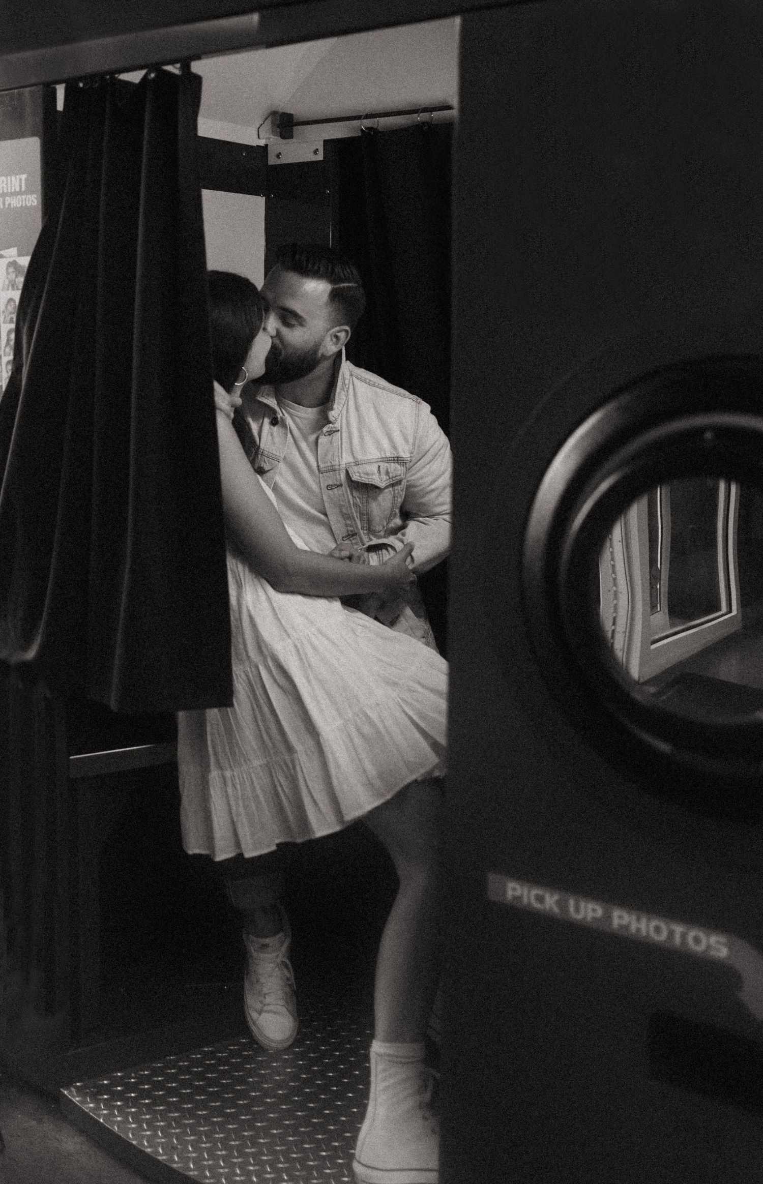 Black and white photos showing people in an arcade or photo booth setting.