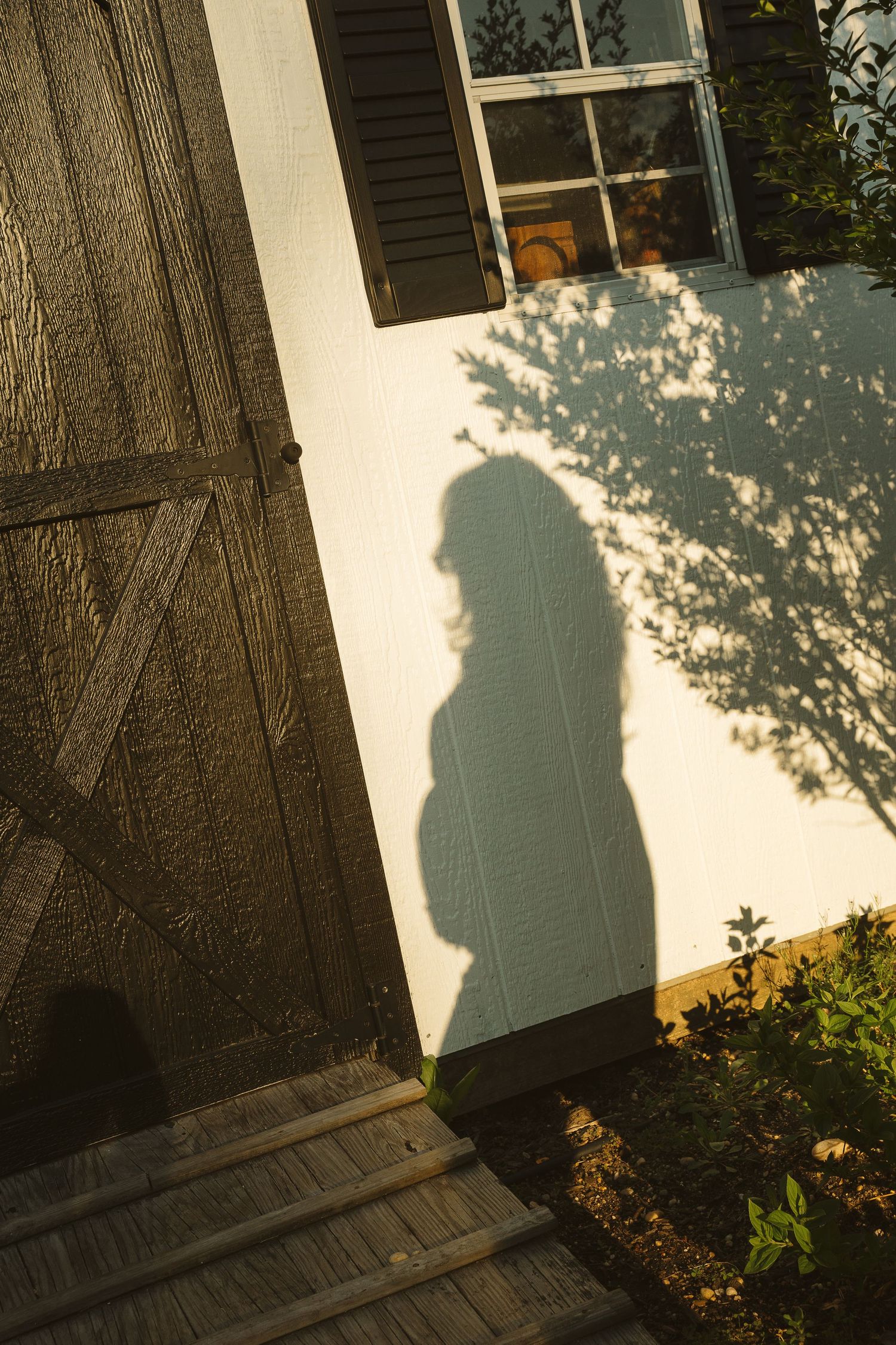 Shadow of a person with curly hair cast on a white wall beside a wooden door and window with shutters.