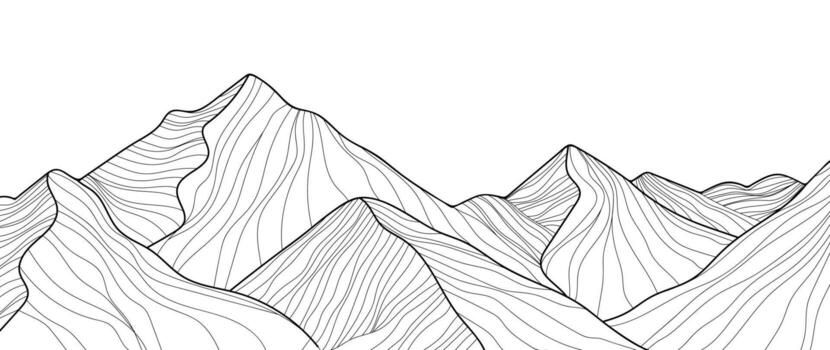 Minimalist black and white line art illustration of mountain peaks with flowing contour lines on white background.