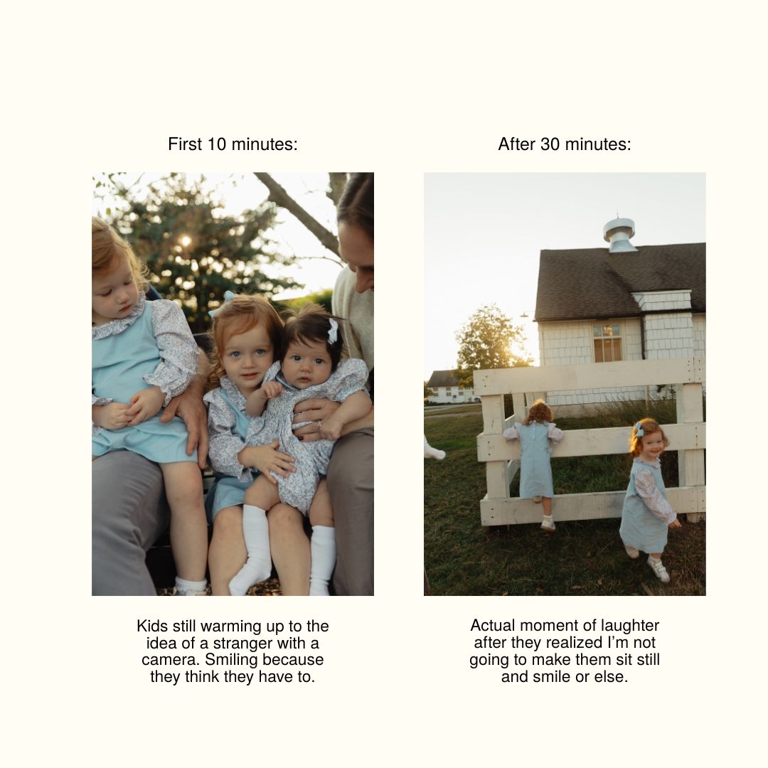 A series of candid lifestyle photographs showing playful moments around a vintage camper trailer.