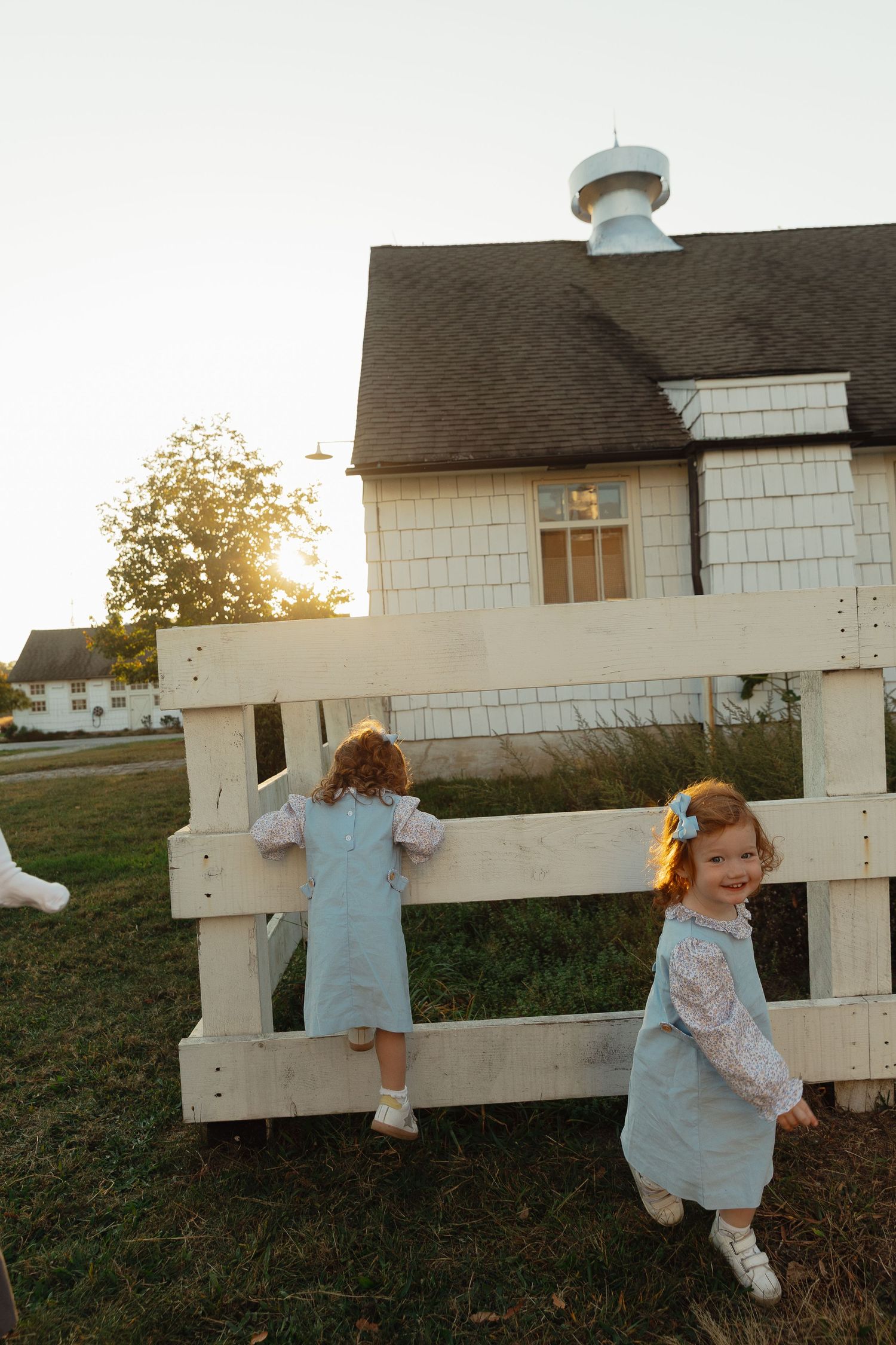 Two redhead toddler girls in matching blue dresses playing at white wooden farm fence.