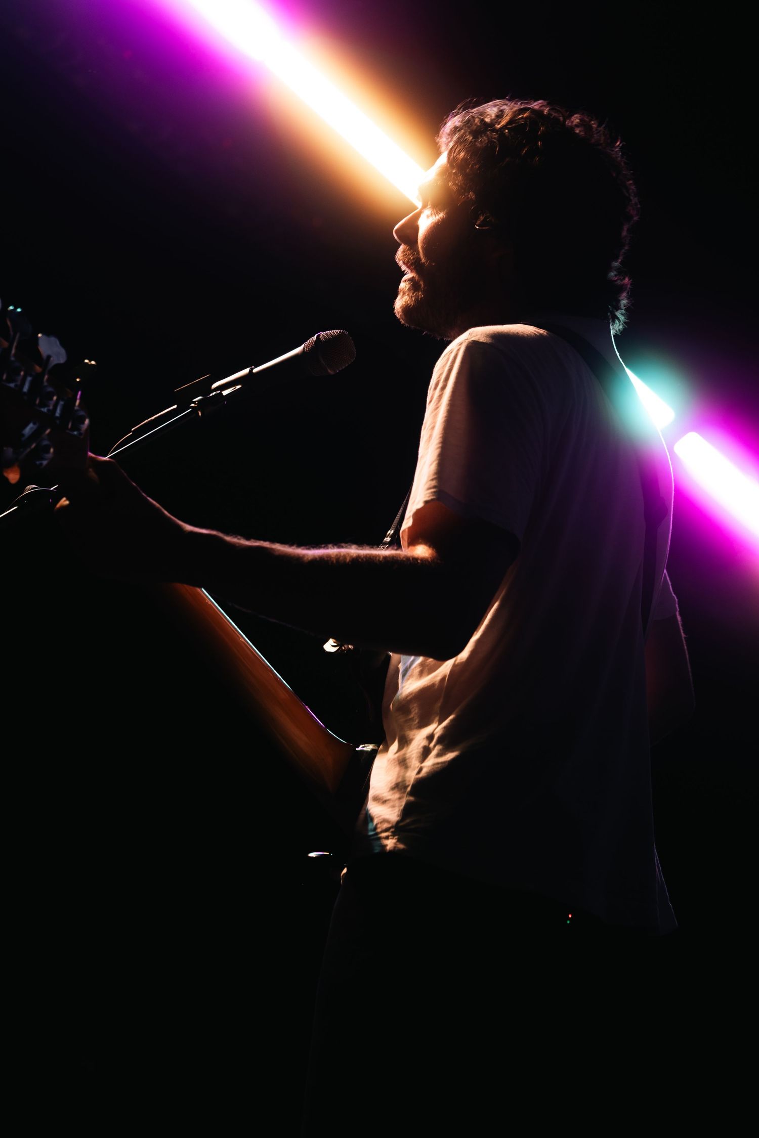 Silhouetted guitarist sings at a microphone illuminated by colorful beams of stage light in the dark.