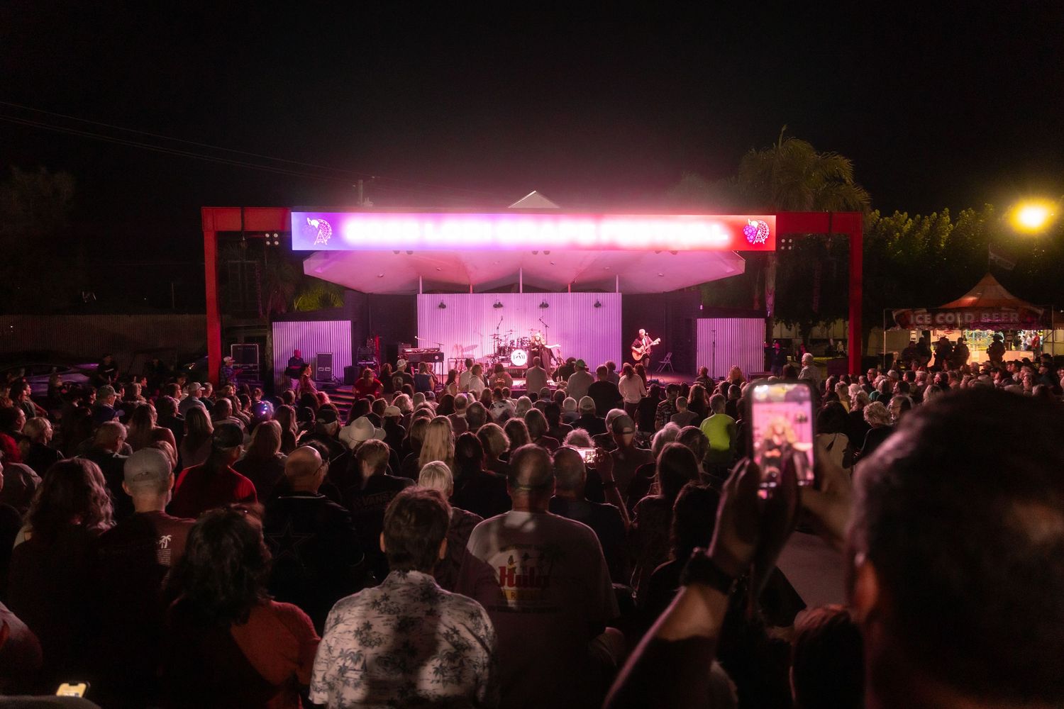 Large outdoor night concert crowd gathers before a brightly lit pink stage at a live music event.