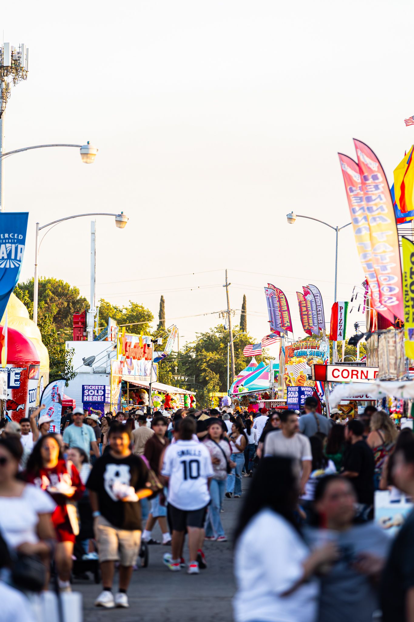 Crowded county fair midway with colorful vendor flags, food stalls, and visitors walking past corn dog stands at dusk.