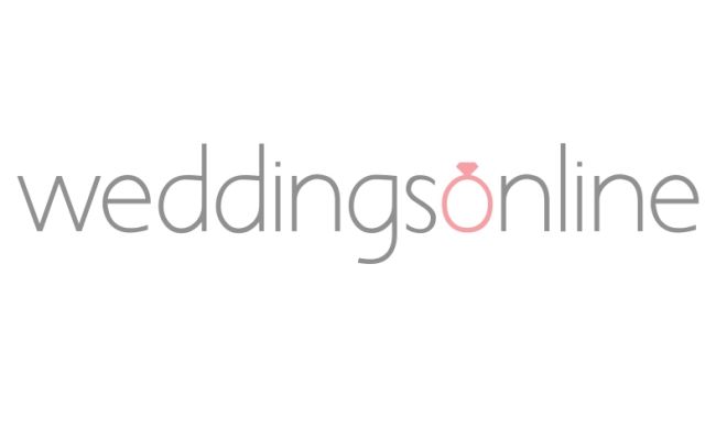 A wedding website logo design with pink and gray text spelling out 'weddingsonline' in a modern font style.