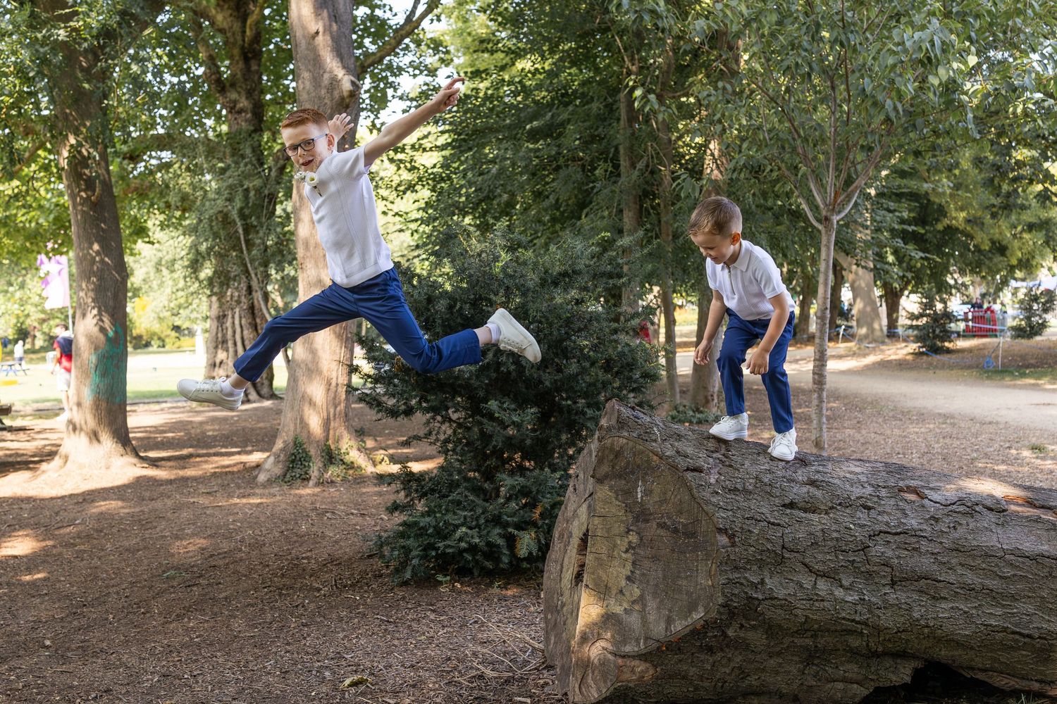 Two children playing on a fallen log in a sunny park surrounded by tall trees.