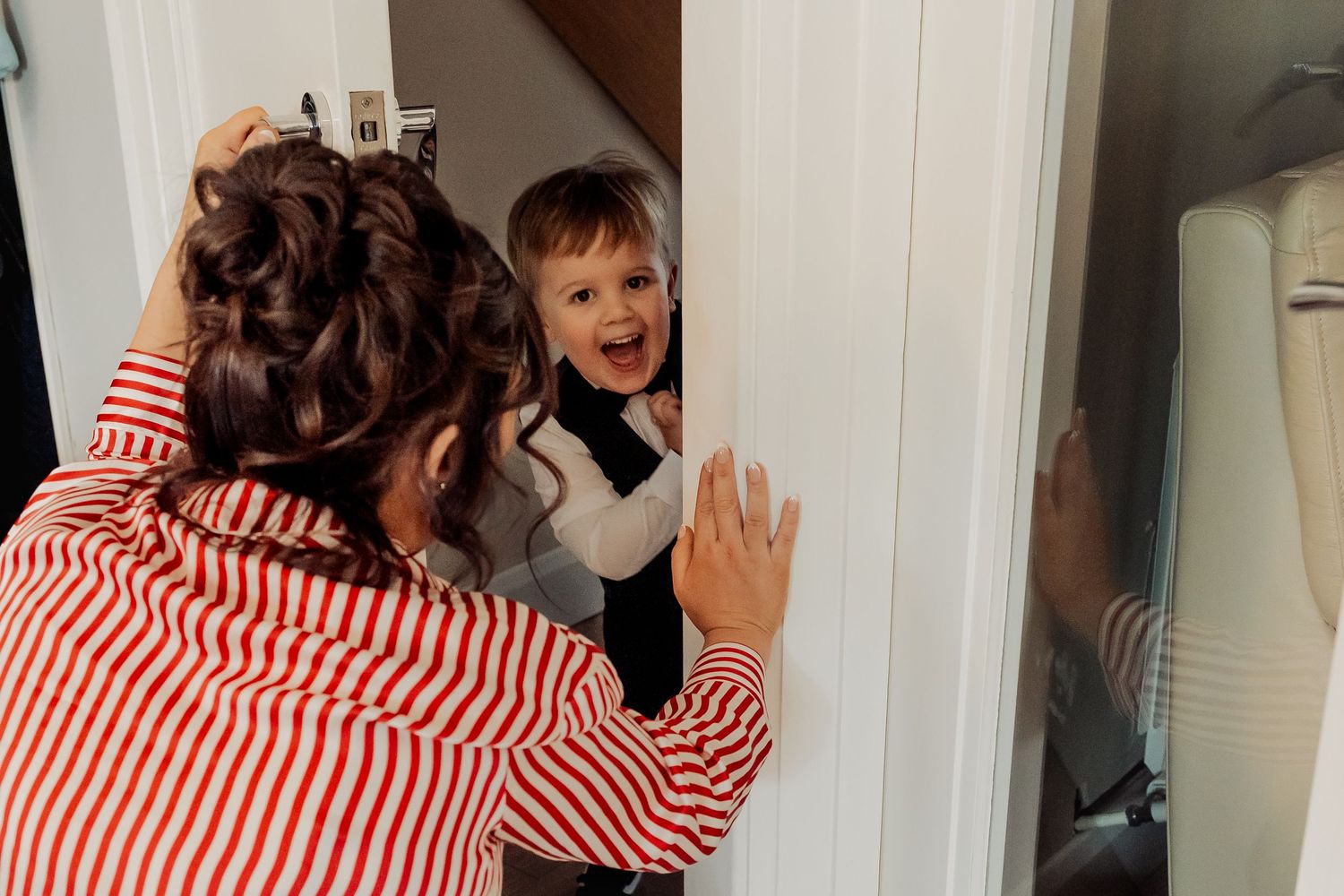 Candid photos showing joyful reactions and laughter during a special moment.