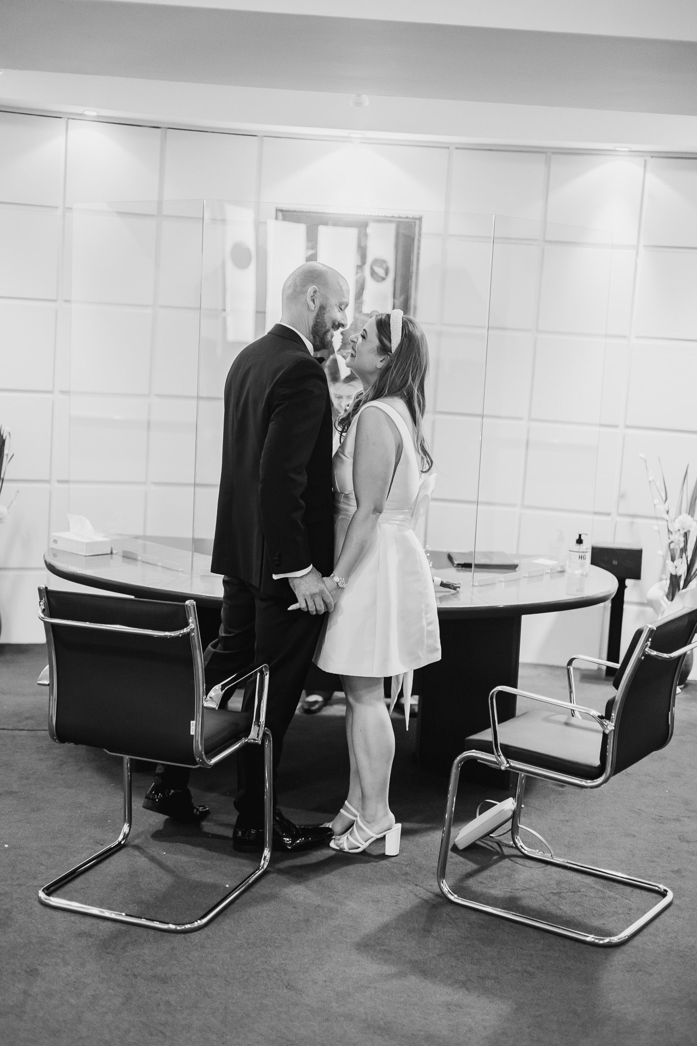 Dublin Registry office wedding venue with chrome and leather chairs.